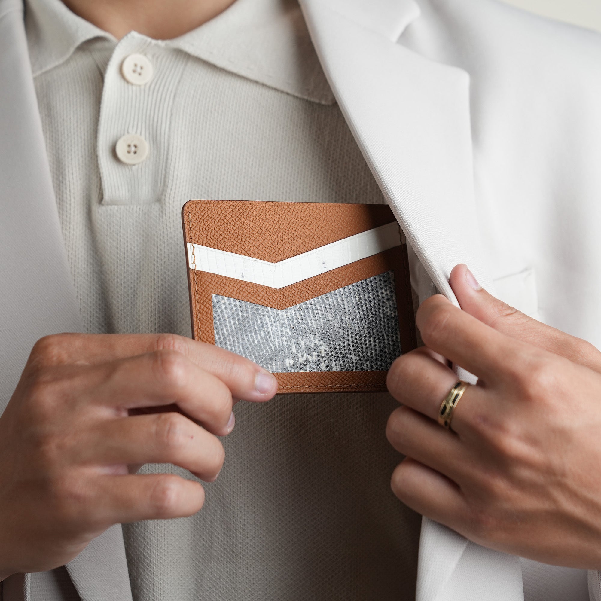 Golden Epsom mix Lizard Leather Card Holder - Natural Pattern