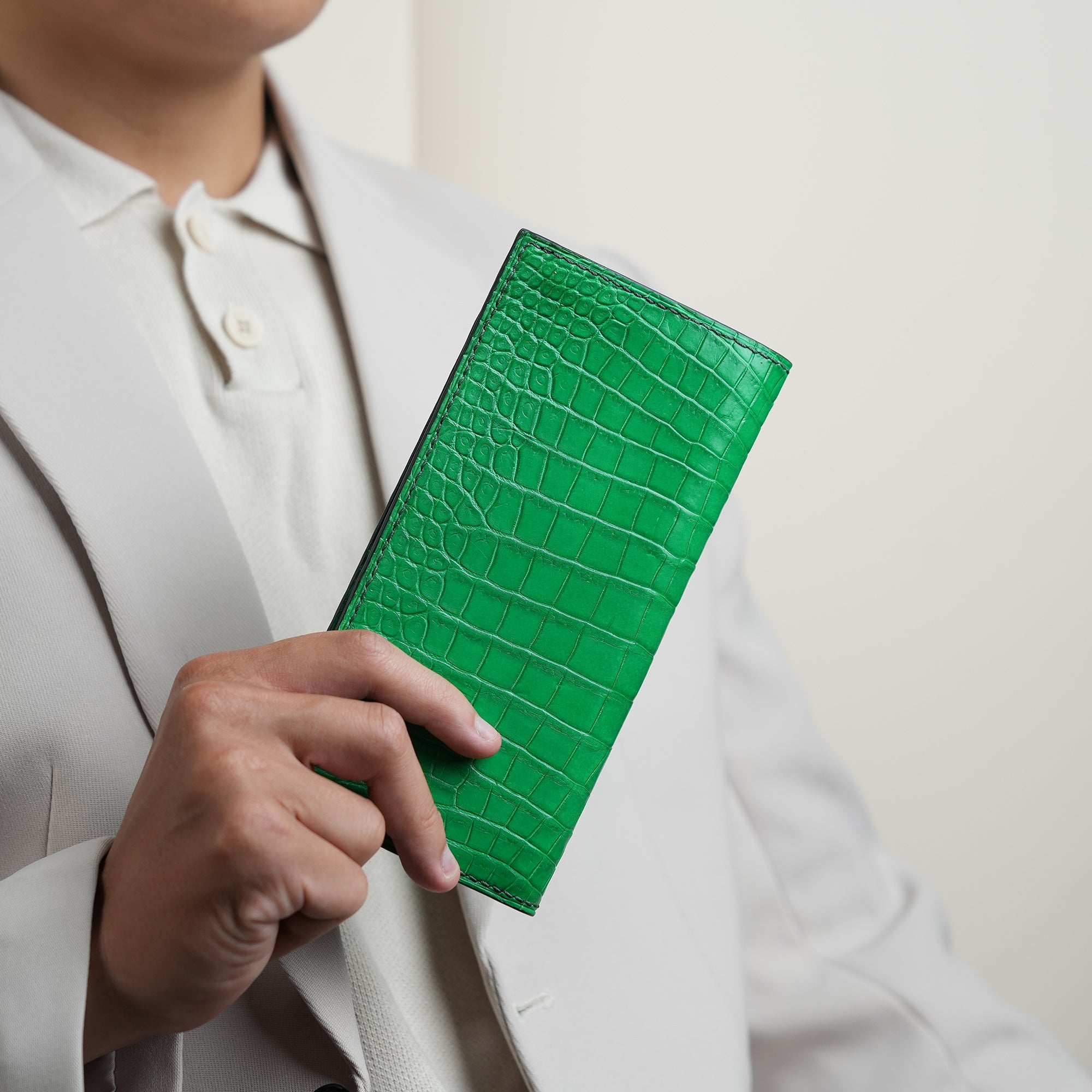 Green Crocodile Leather Long Wallet