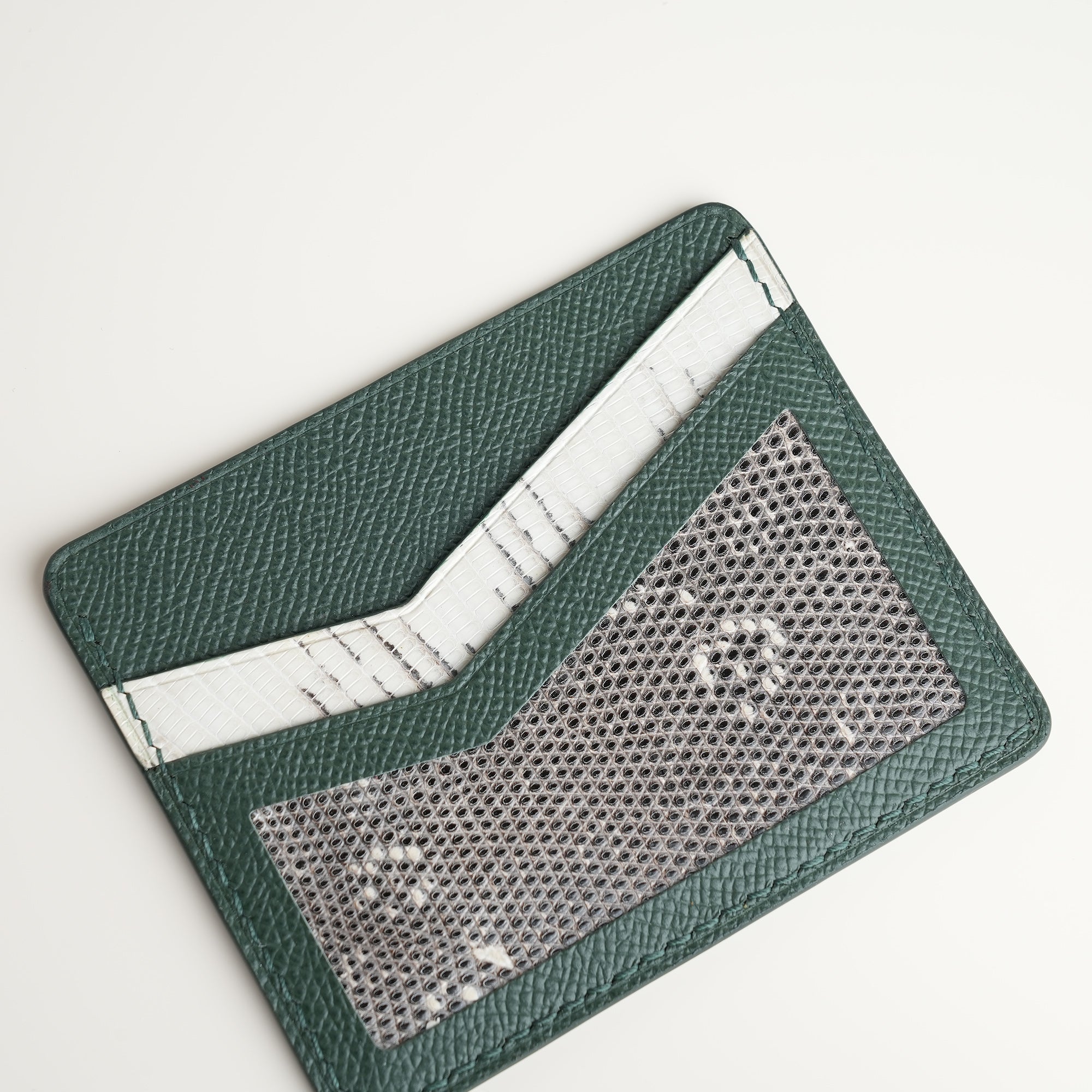 Green Epsom mix Lizard Leather Card Holder - Natural Pattern