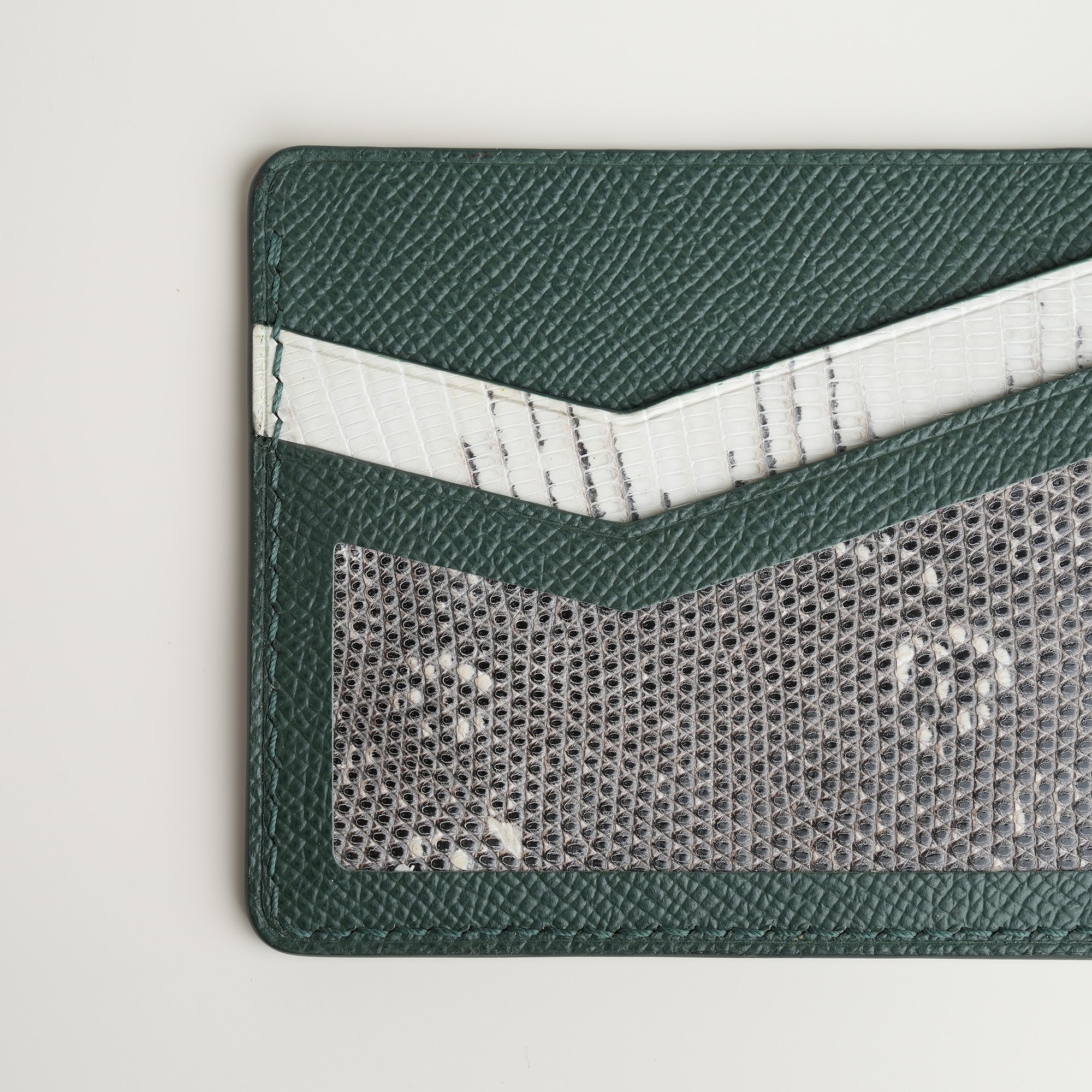 Green Epsom mix Lizard Leather Card Holder - Natural Pattern
