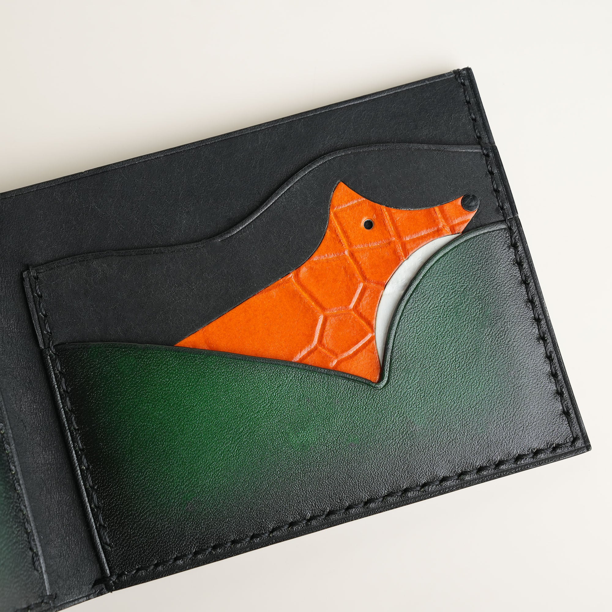 Green Leather Wing Bifold Wallet - Fox Design - Patina Finish