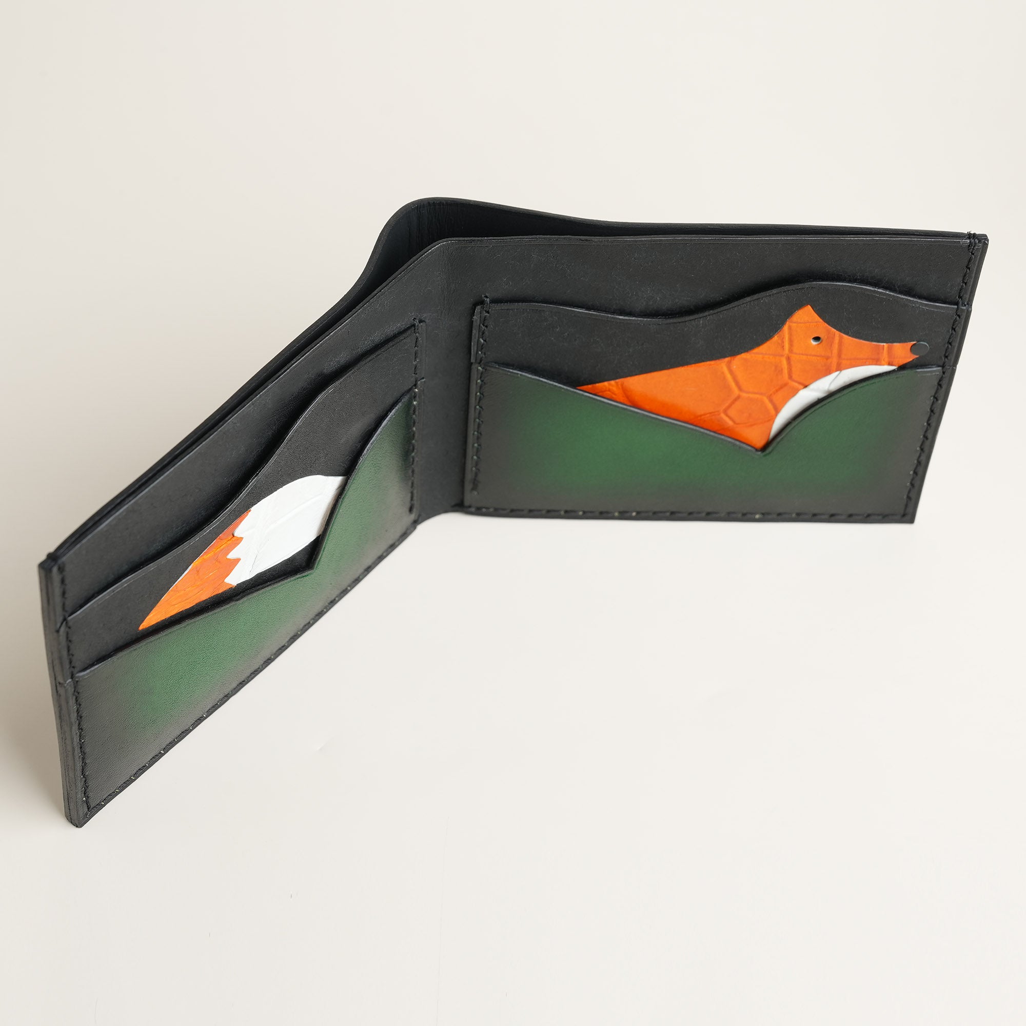 Green Leather Wing Bifold Wallet - Fox Design - Patina Finish