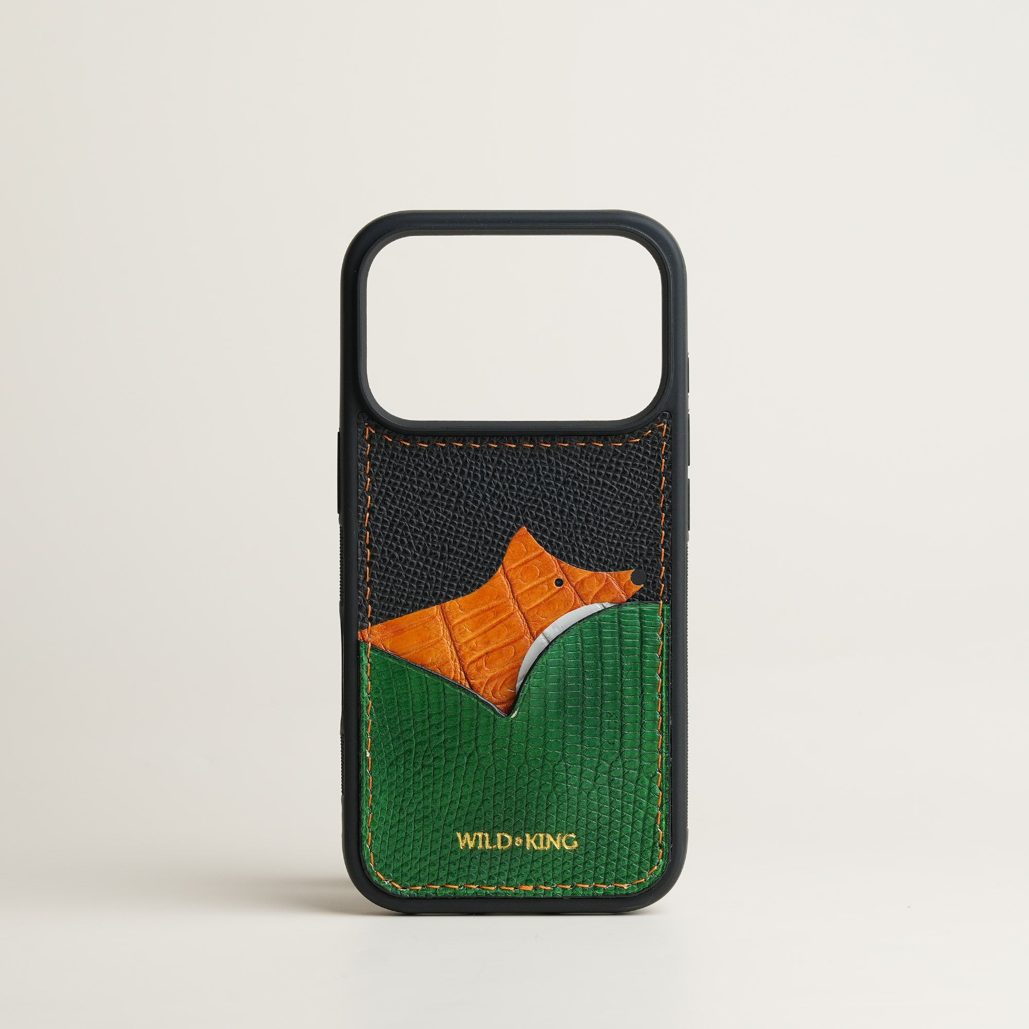 Green Lizard Leather Iphone Case with Card Holder - Fox Design