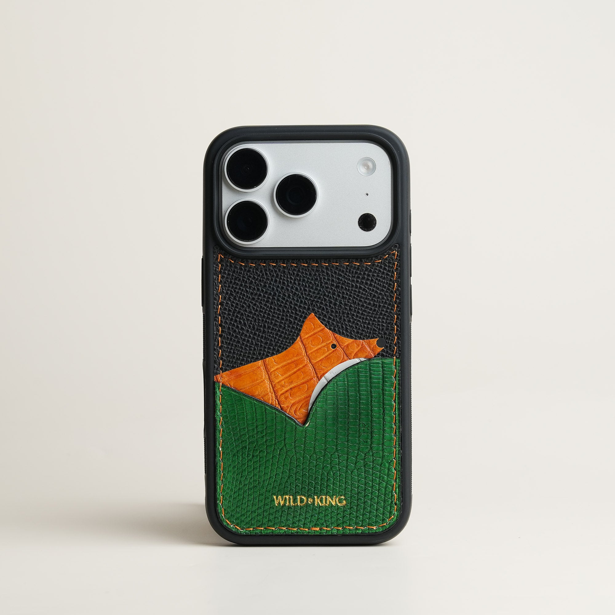Green Lizard Leather Iphone Case with Card Holder - Fox Design