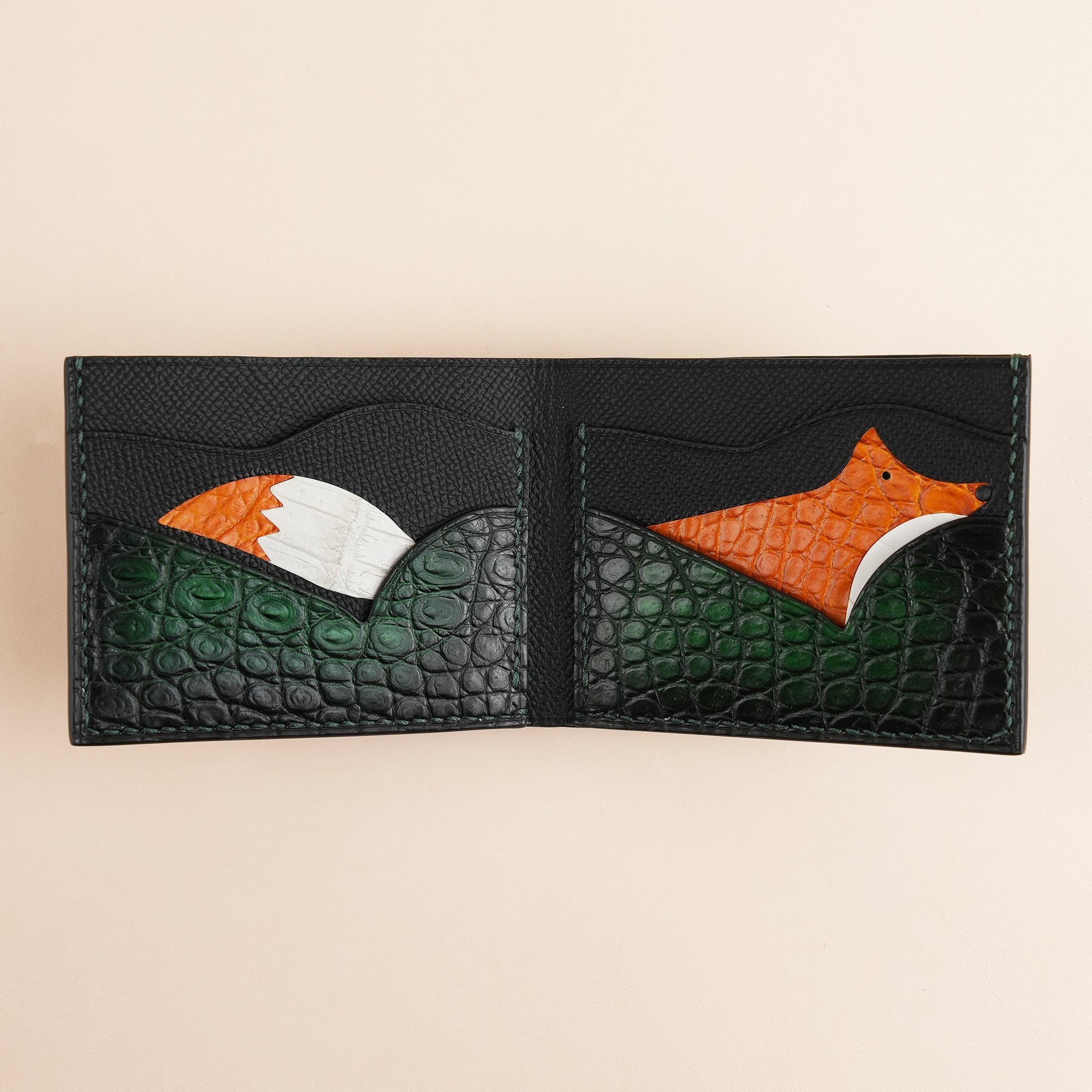 Green Crocodile Leather Wing Bifold Wallet - Fox Design - Patina Finish