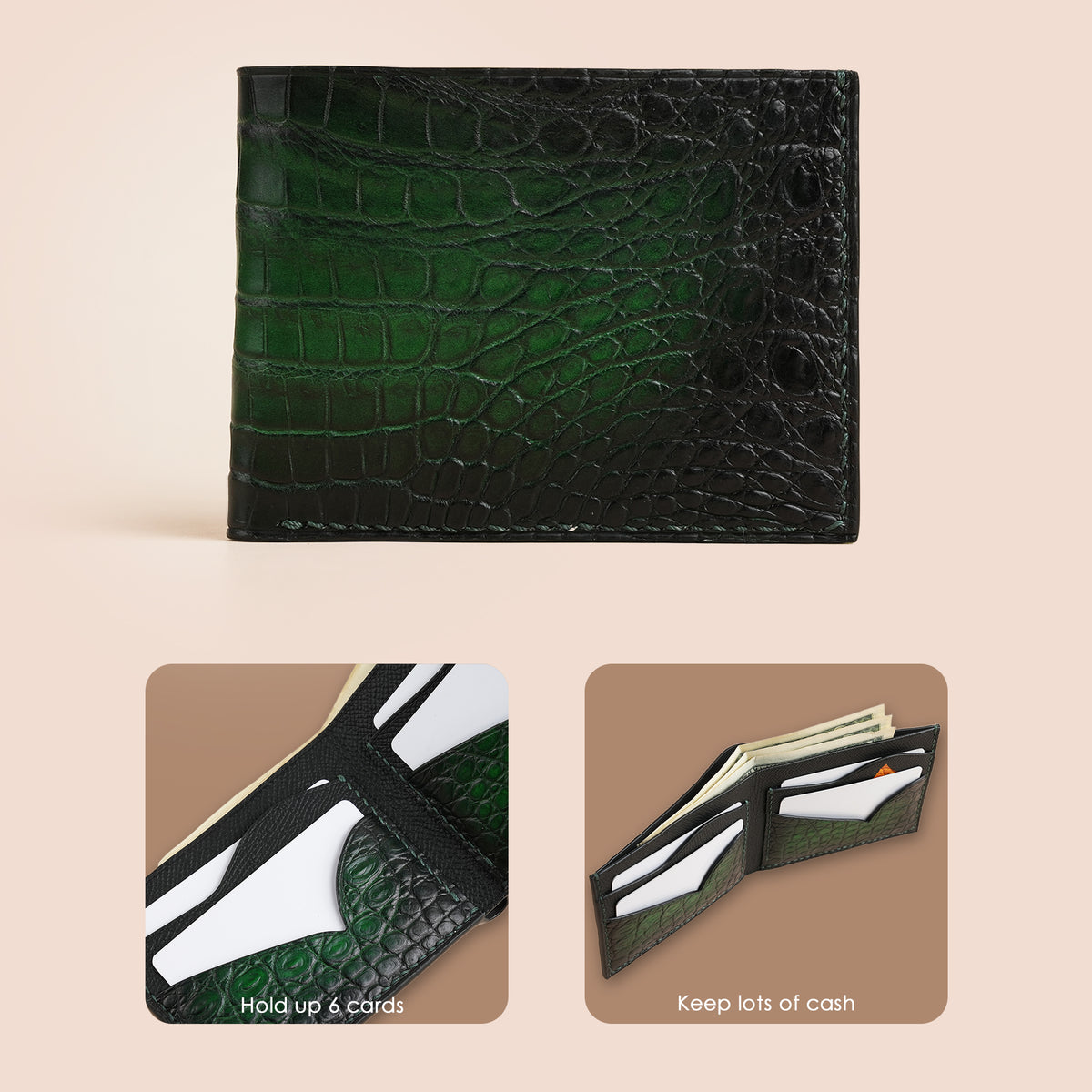 Green Crocodile Leather Wing Bifold Wallet - Fox Design - Patina Finish ...