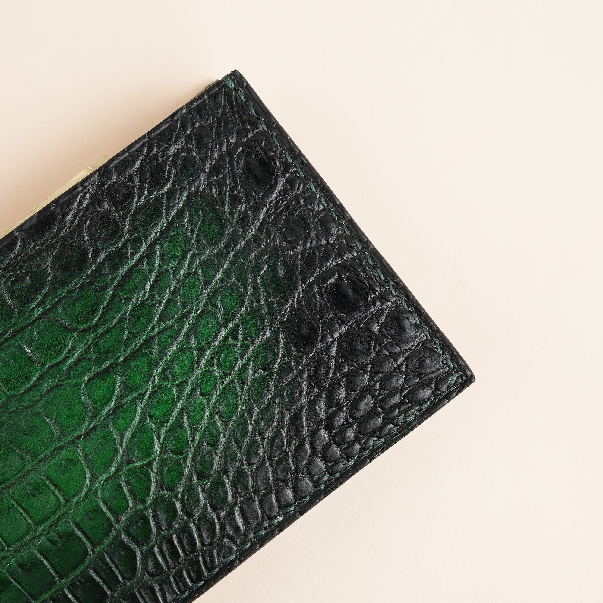 Green Crocodile Leather Wing Bifold Wallet - Fox Design - Patina Finish