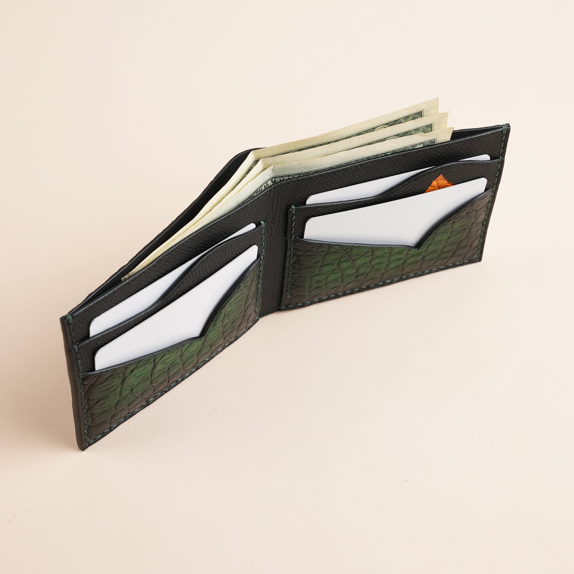 Green Crocodile Leather Wing Bifold Wallet - Fox Design - Patina