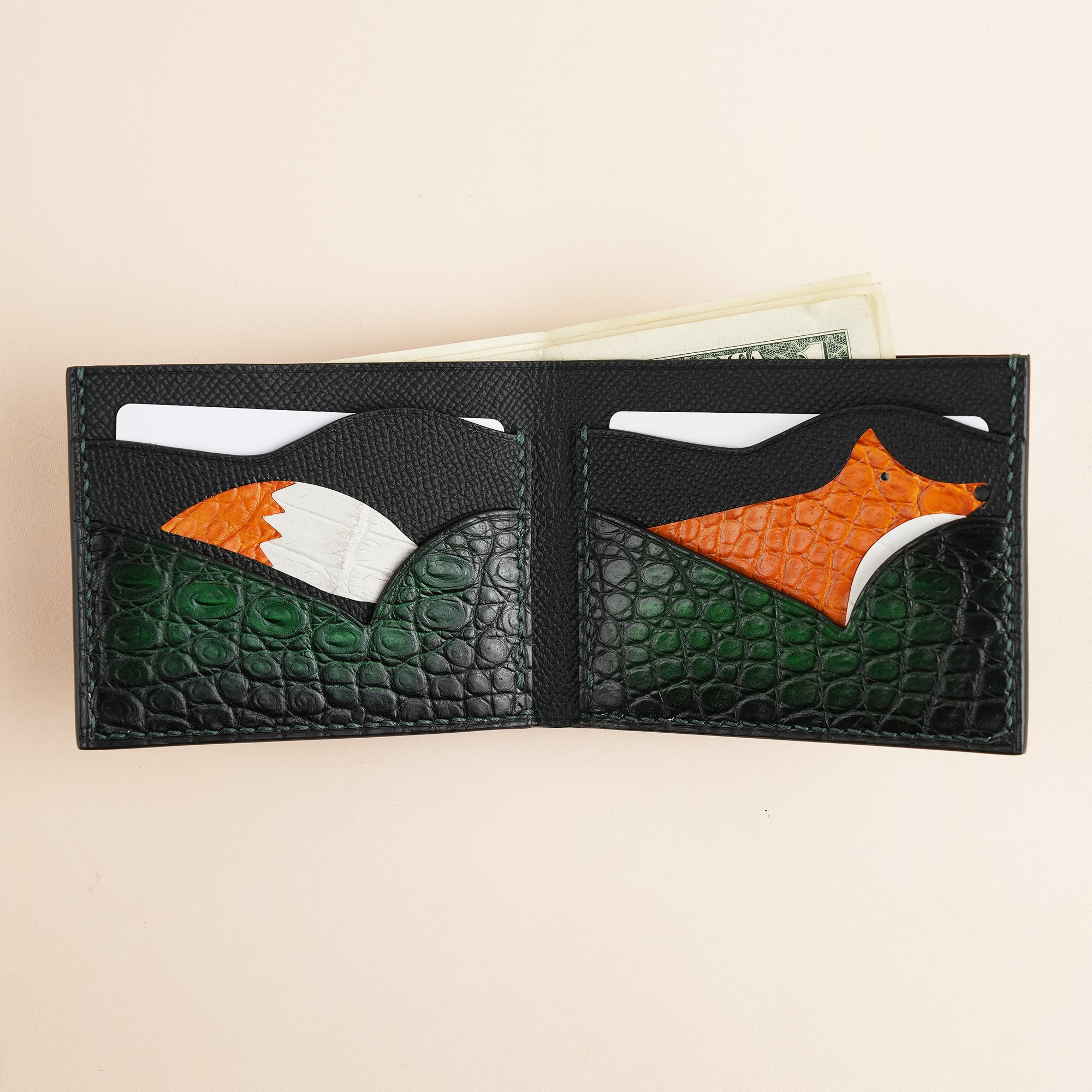 Green Crocodile Leather Wing Bifold Wallet - Fox Design - Patina