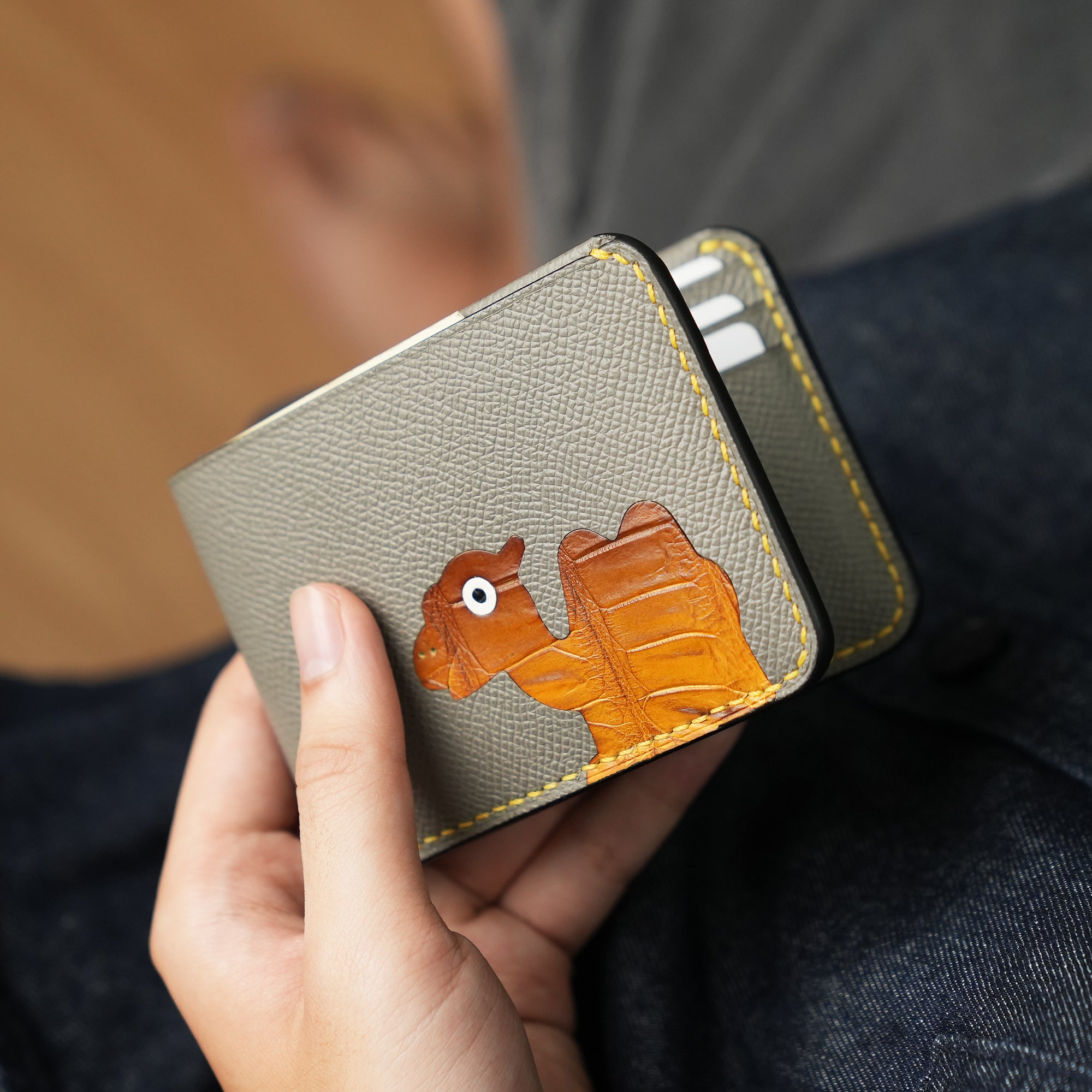 Grey Epsom Leather Wing Bifold Wallet - Camel Stupid