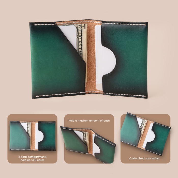 Minimalist Silver Gray Leather Bifold Card Wallet - Patina Finish