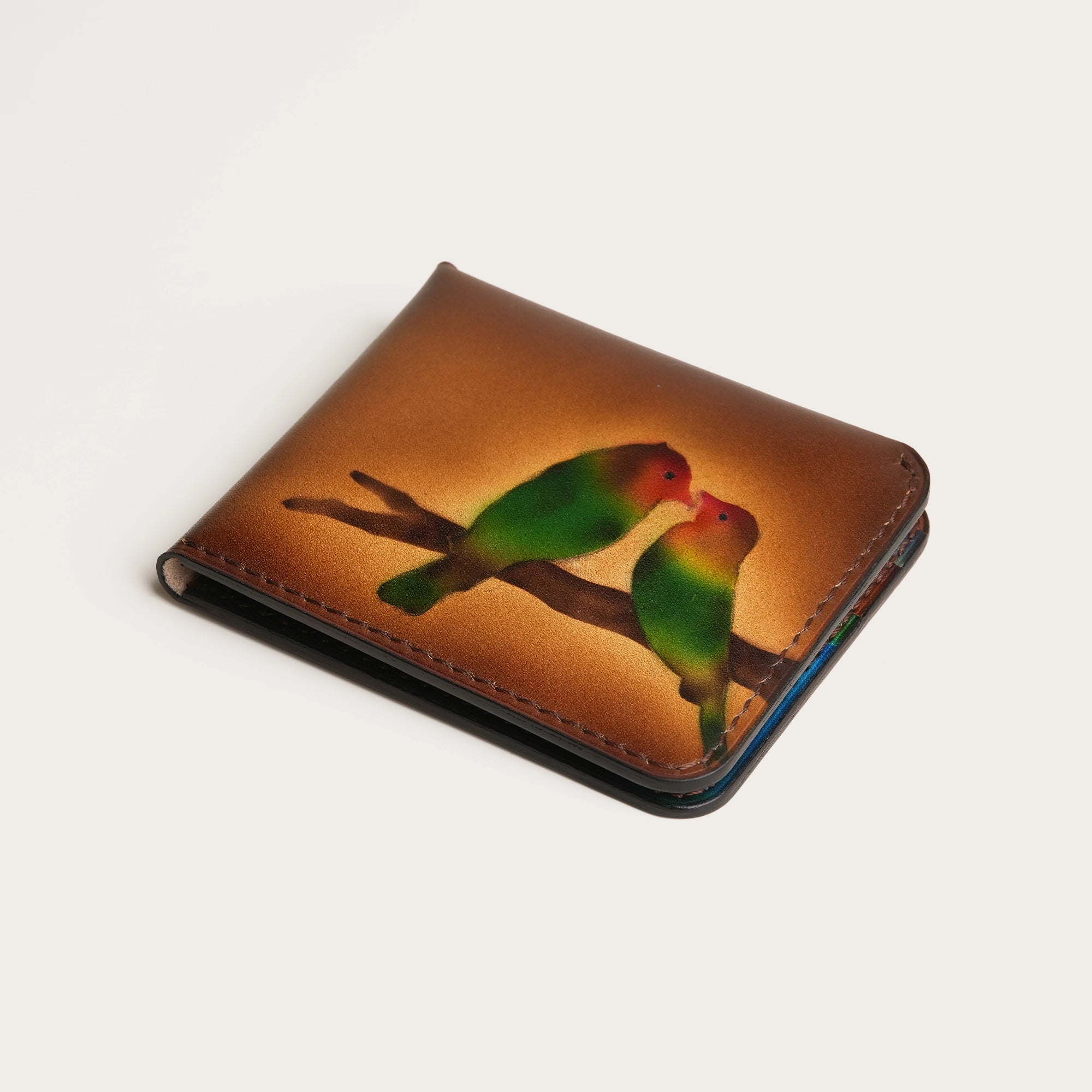 Minimalist Brown Leather Wing Bifold Wallet - Parrot Design