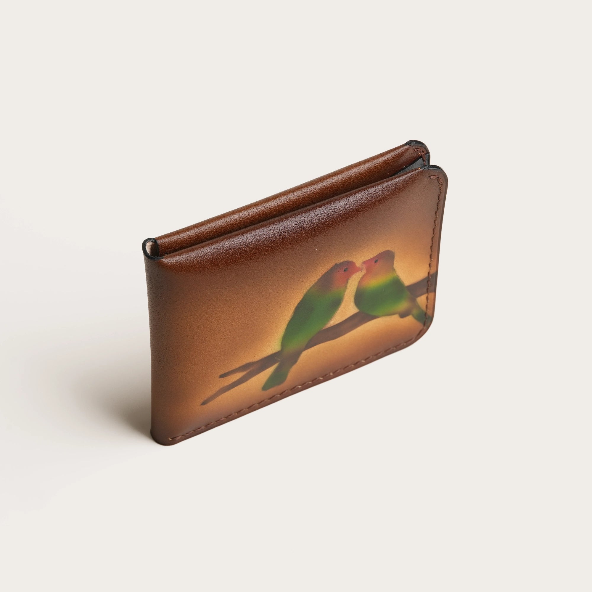Minimalist Brown Leather Wing Bifold Wallet - Parrot Design