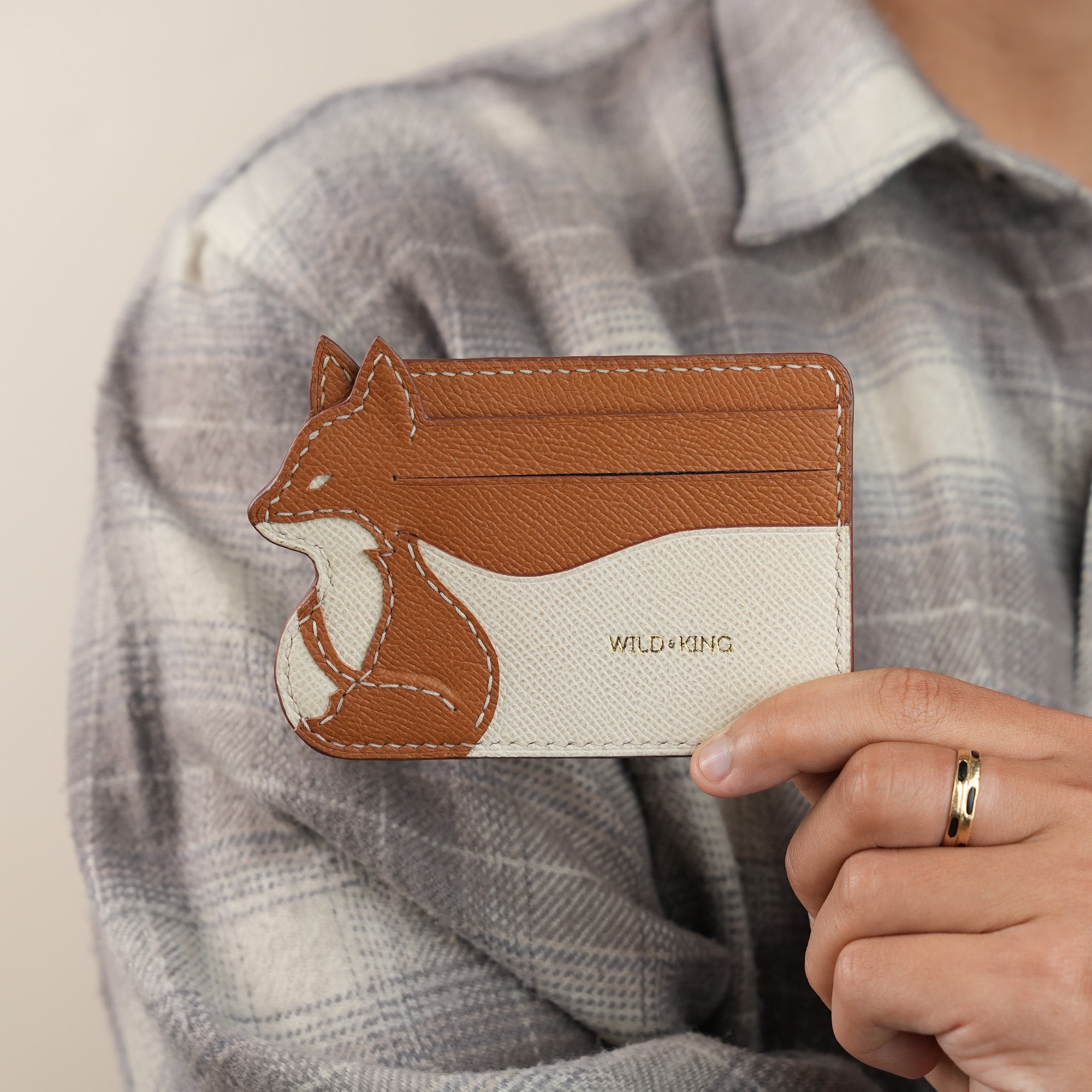 Minimalist Golden Epsom Leather Card Holder - Fox Shape