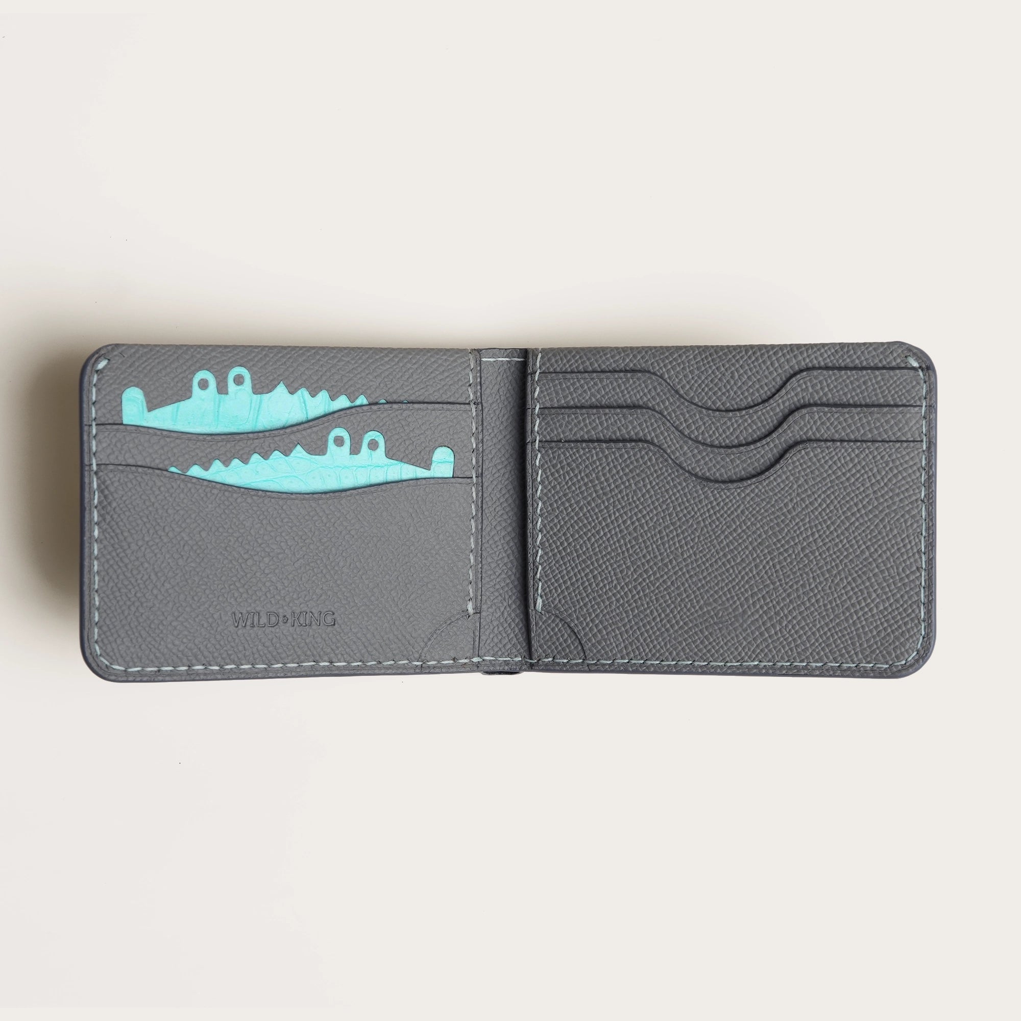 Minimalist Grey Epsom Leather Wing Bifold Wallet - Double Stupid Alligator