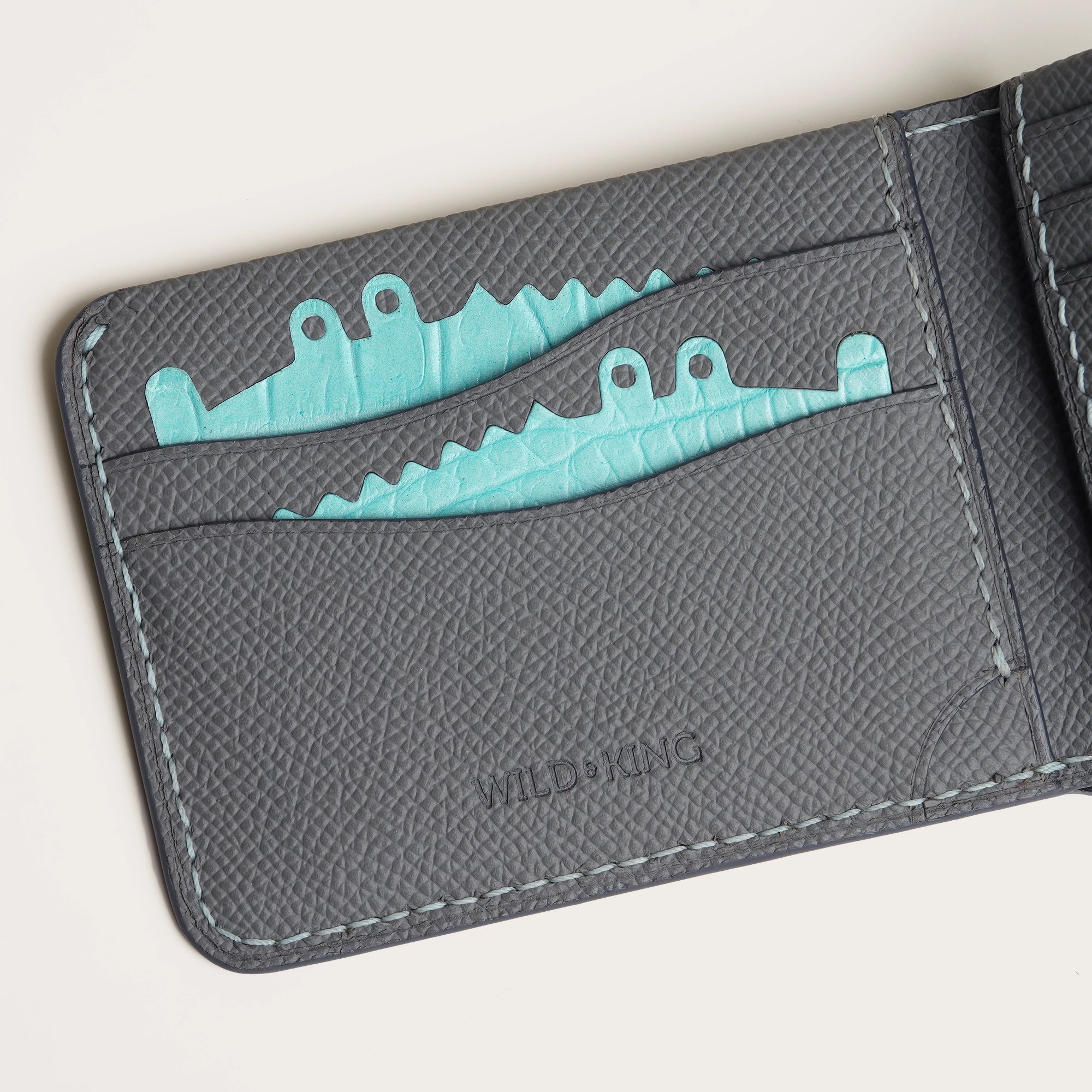 Minimalist Grey Epsom Leather Wing Bifold Wallet - Double Stupid Alligator