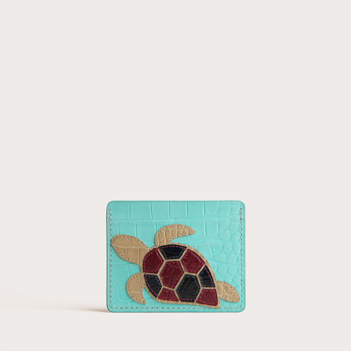 Minimalist Turquoise Crocodile Leather Card Holder - Turtle Design