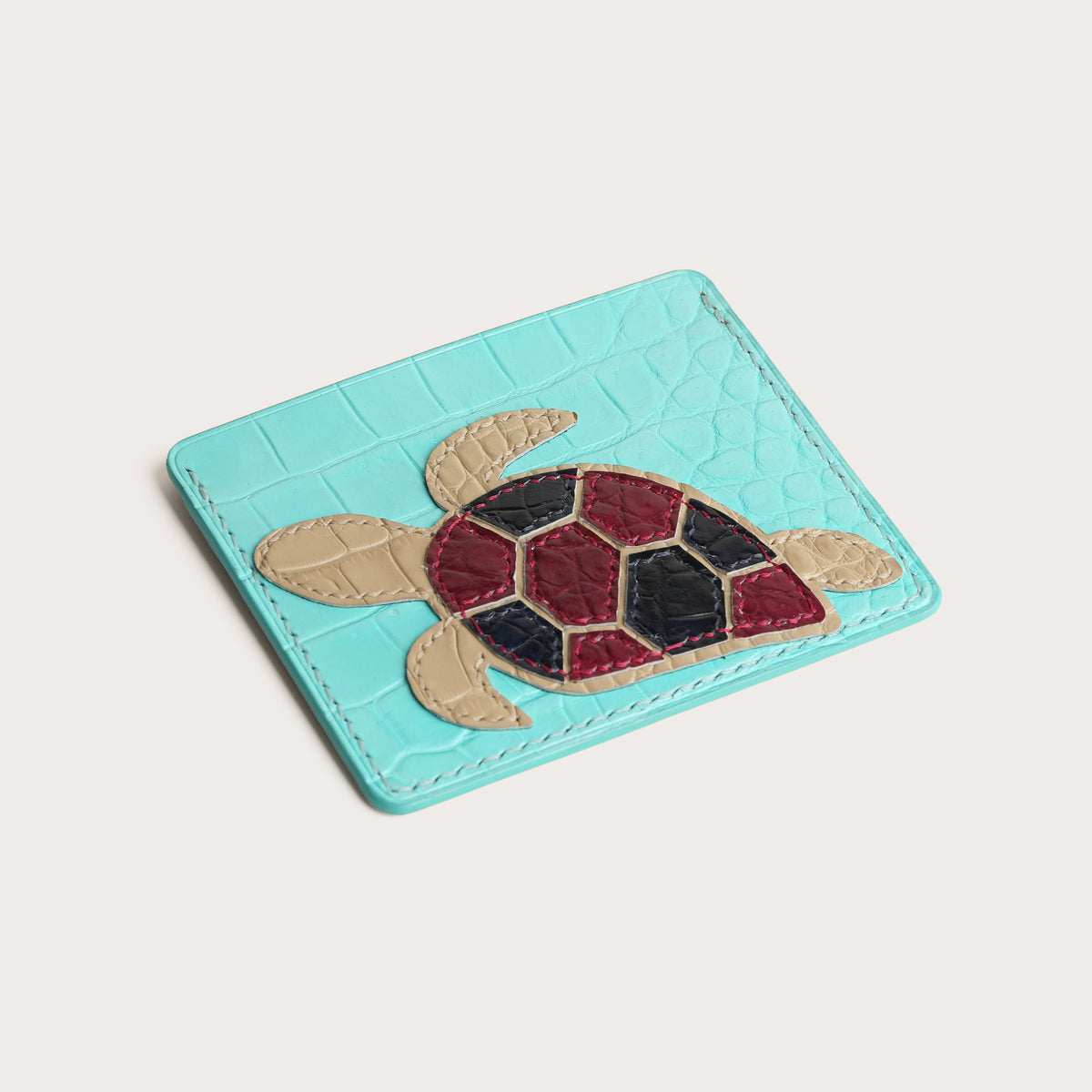 Minimalist Turquoise Crocodile Leather Card Holder - Turtle Design