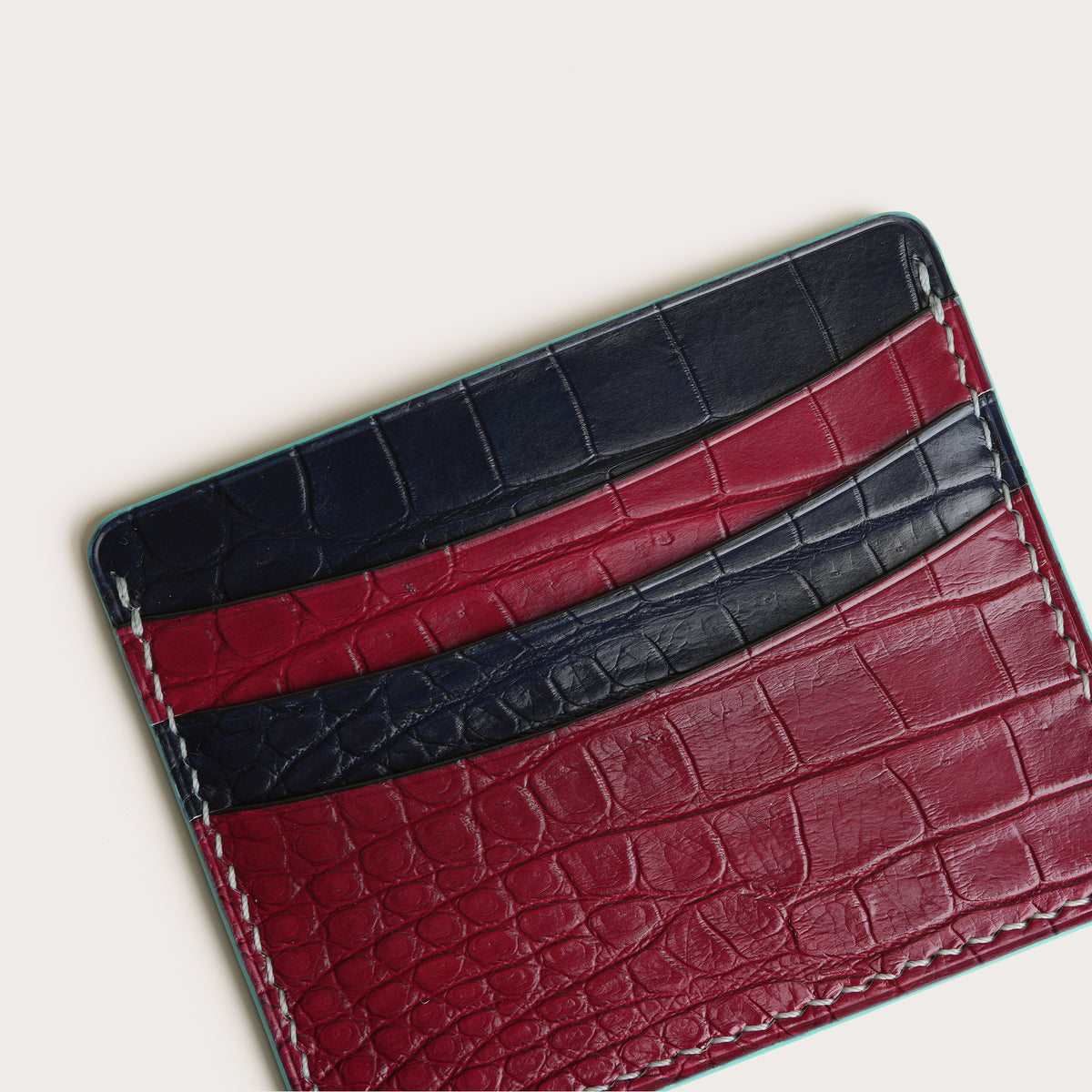 Minimalist Turquoise Crocodile Leather Card Holder - Turtle Design