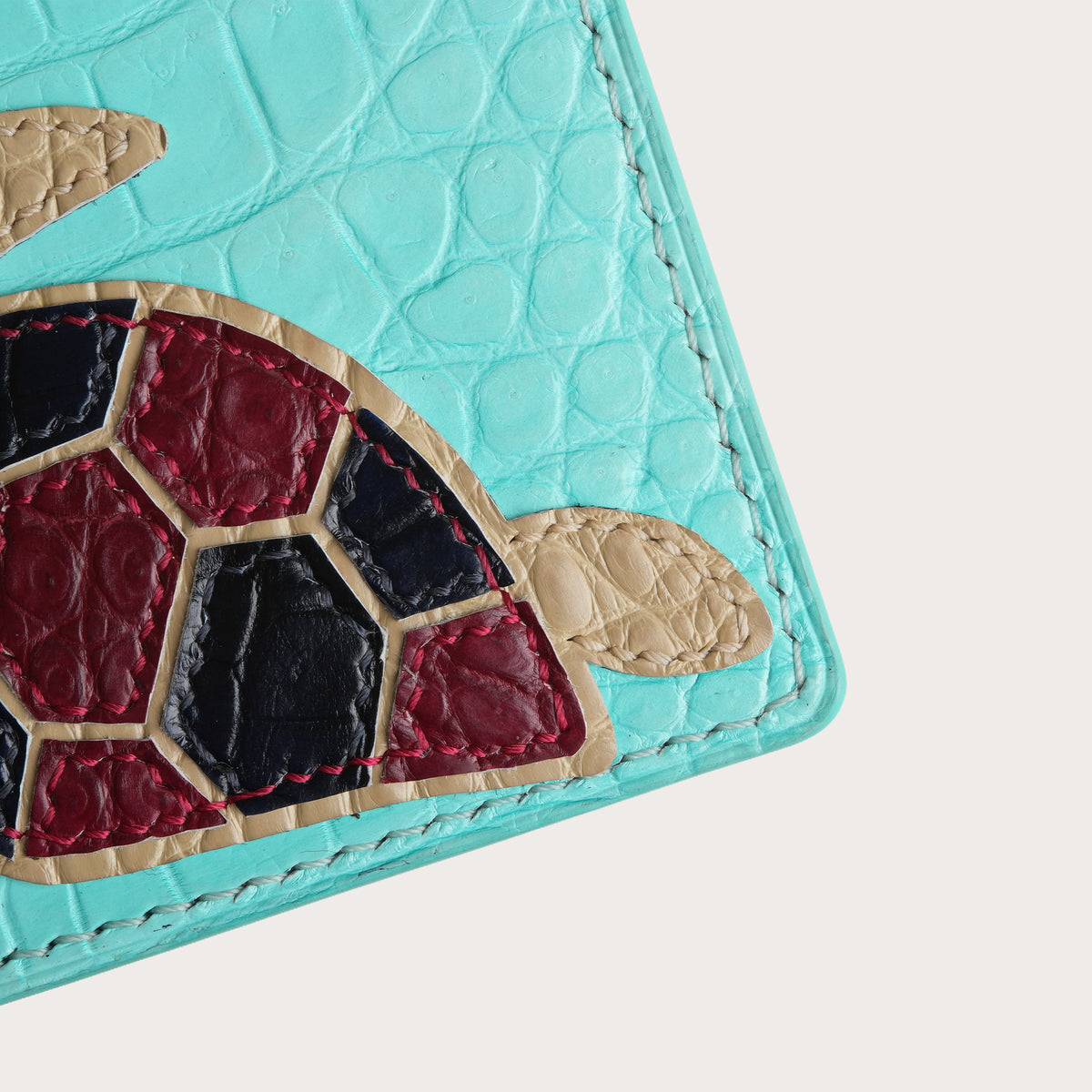 Minimalist Turquoise Crocodile Leather Card Holder - Turtle Design
