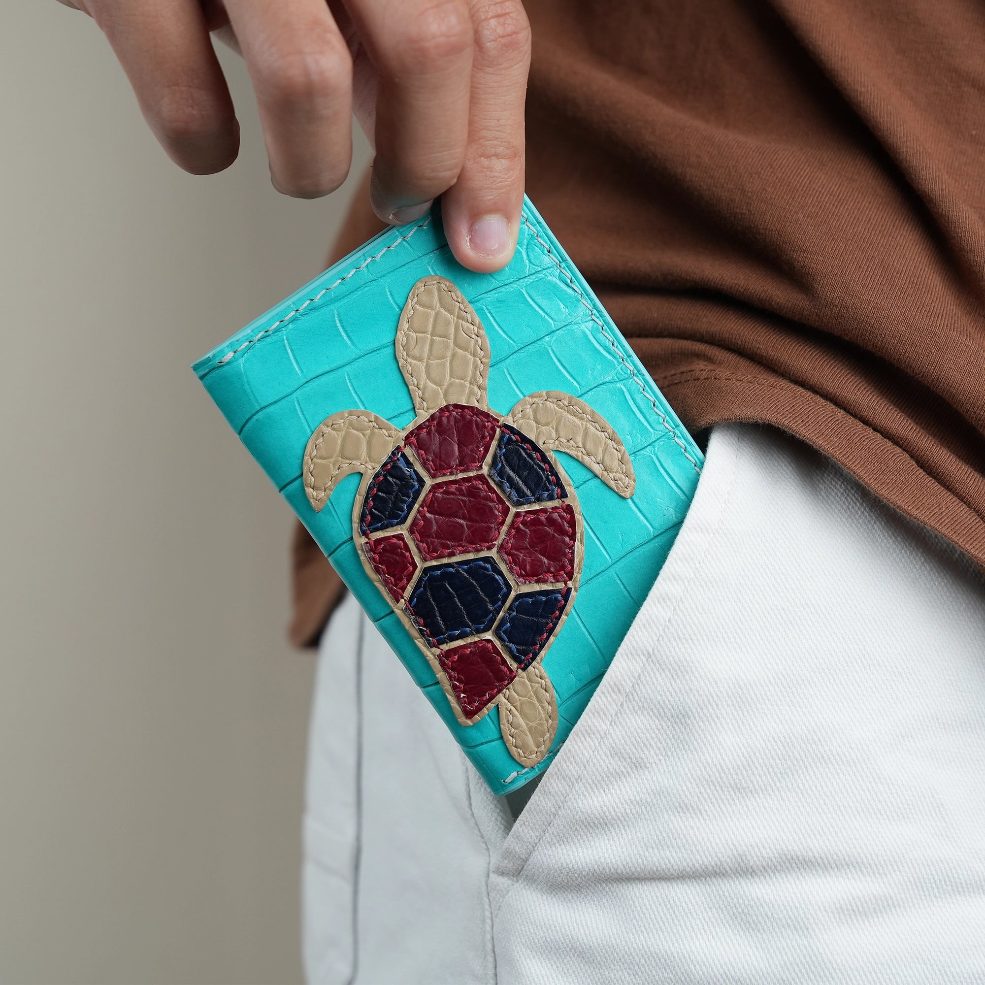 Minimalist Turquoise Crocodile Leather Bifold Wallet - Turtle Design