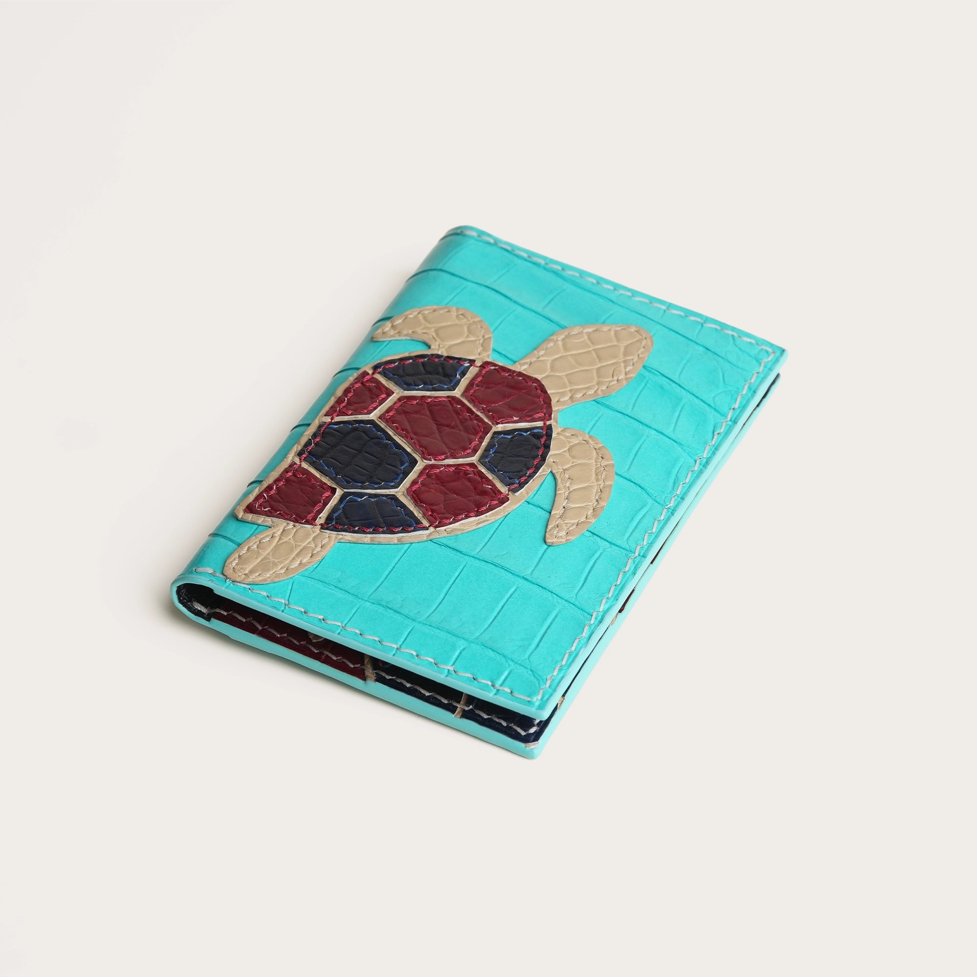 Minimalist Turquoise Crocodile Leather Bifold Wallet - Turtle Design