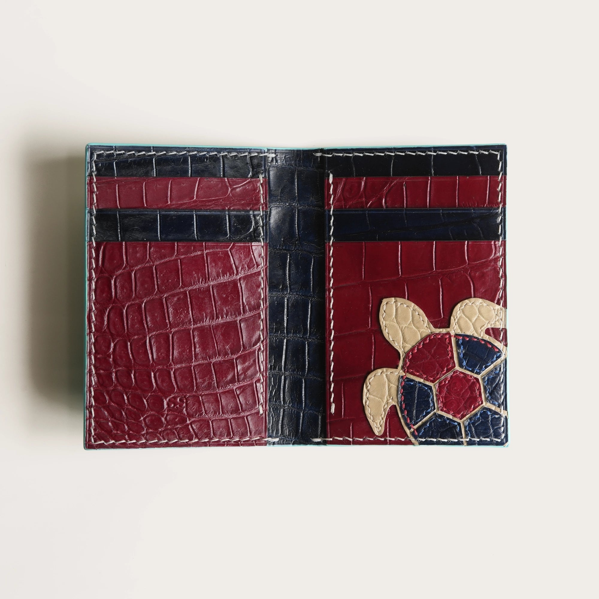 Minimalist Turquoise Crocodile Leather Bifold Wallet - Turtle Design