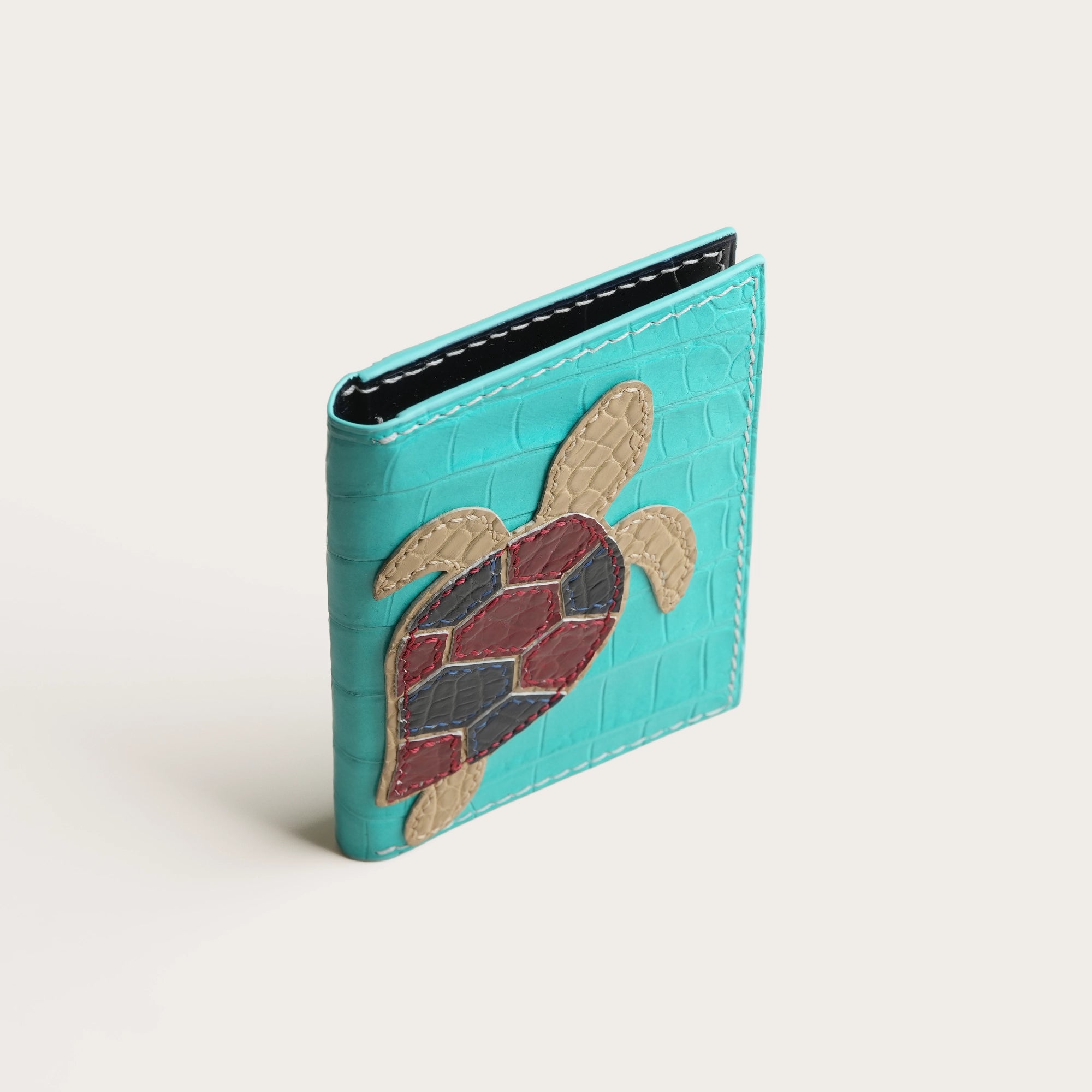 Minimalist Turquoise Crocodile Leather Bifold Wallet - Turtle Design