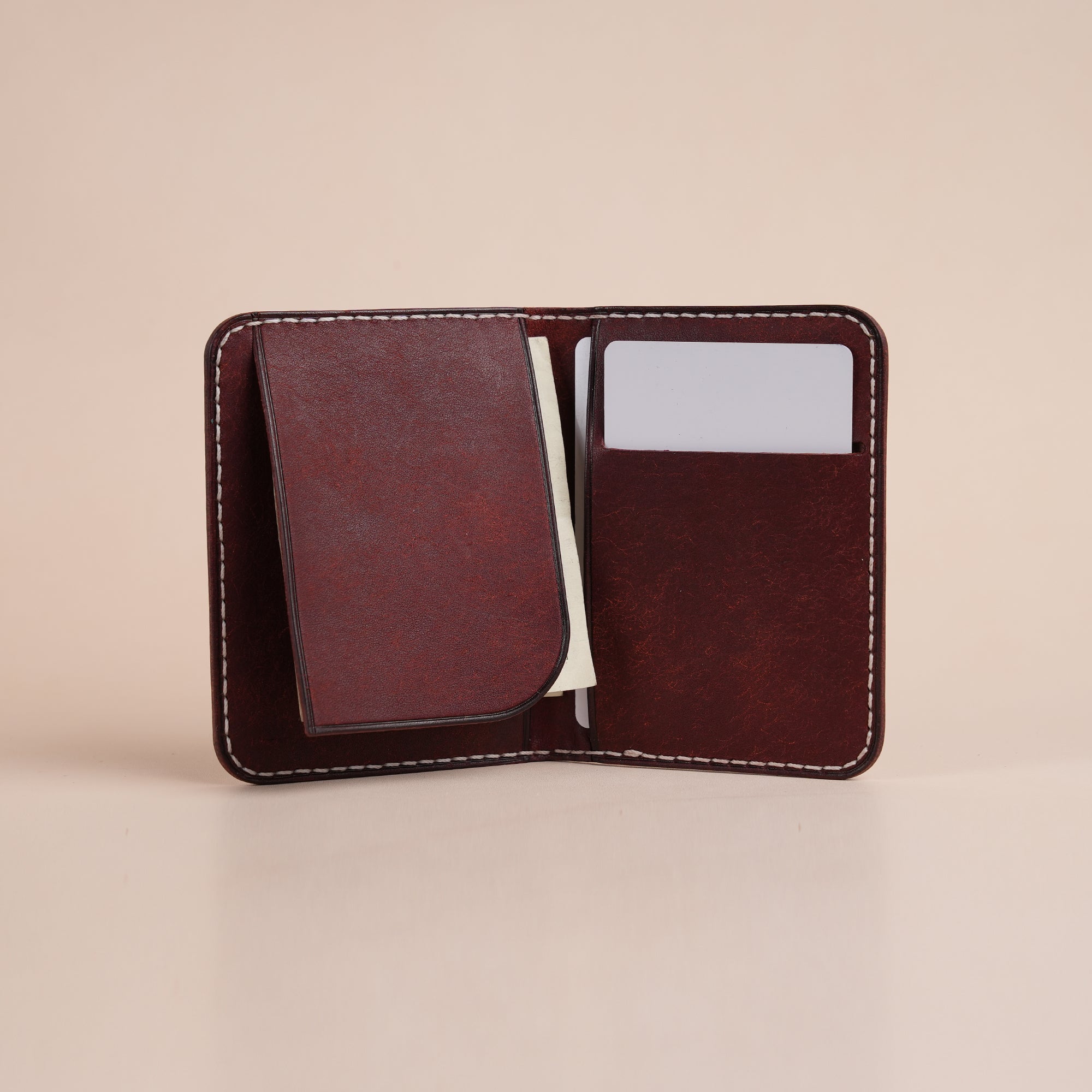 Minimalist Burgundy Pueblo Leather Bifold Card Wallet- Dinosaur Deisgn