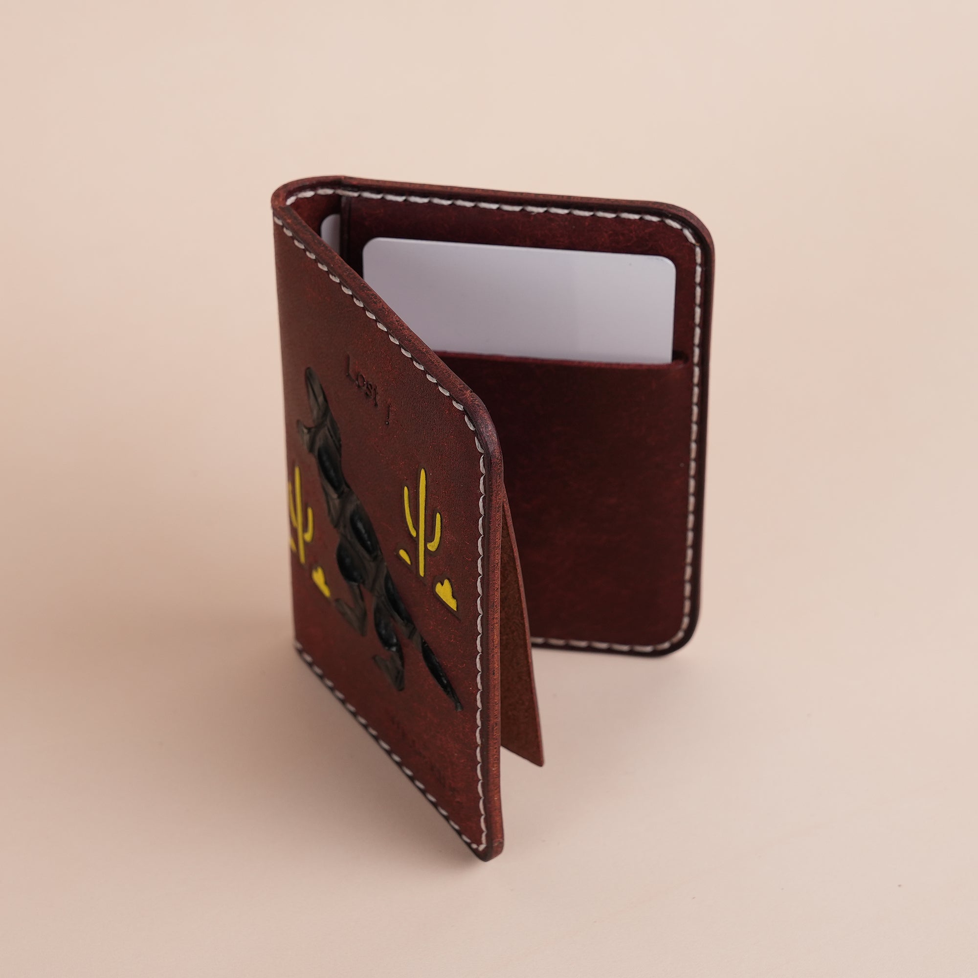 Minimalist Burgundy Pueblo Leather Bifold Card Wallet- Dinosaur Deisgn