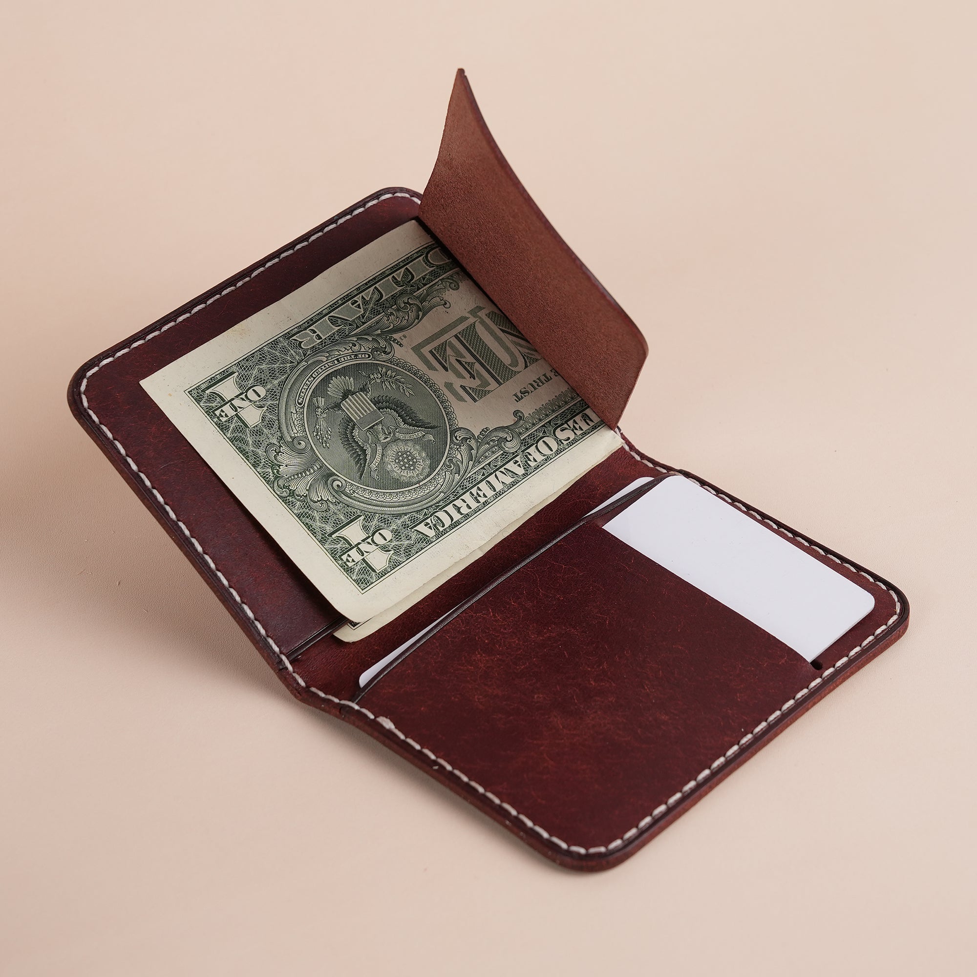 Minimalist Burgundy Pueblo Leather Bifold Card Wallet- Dinosaur Deisgn