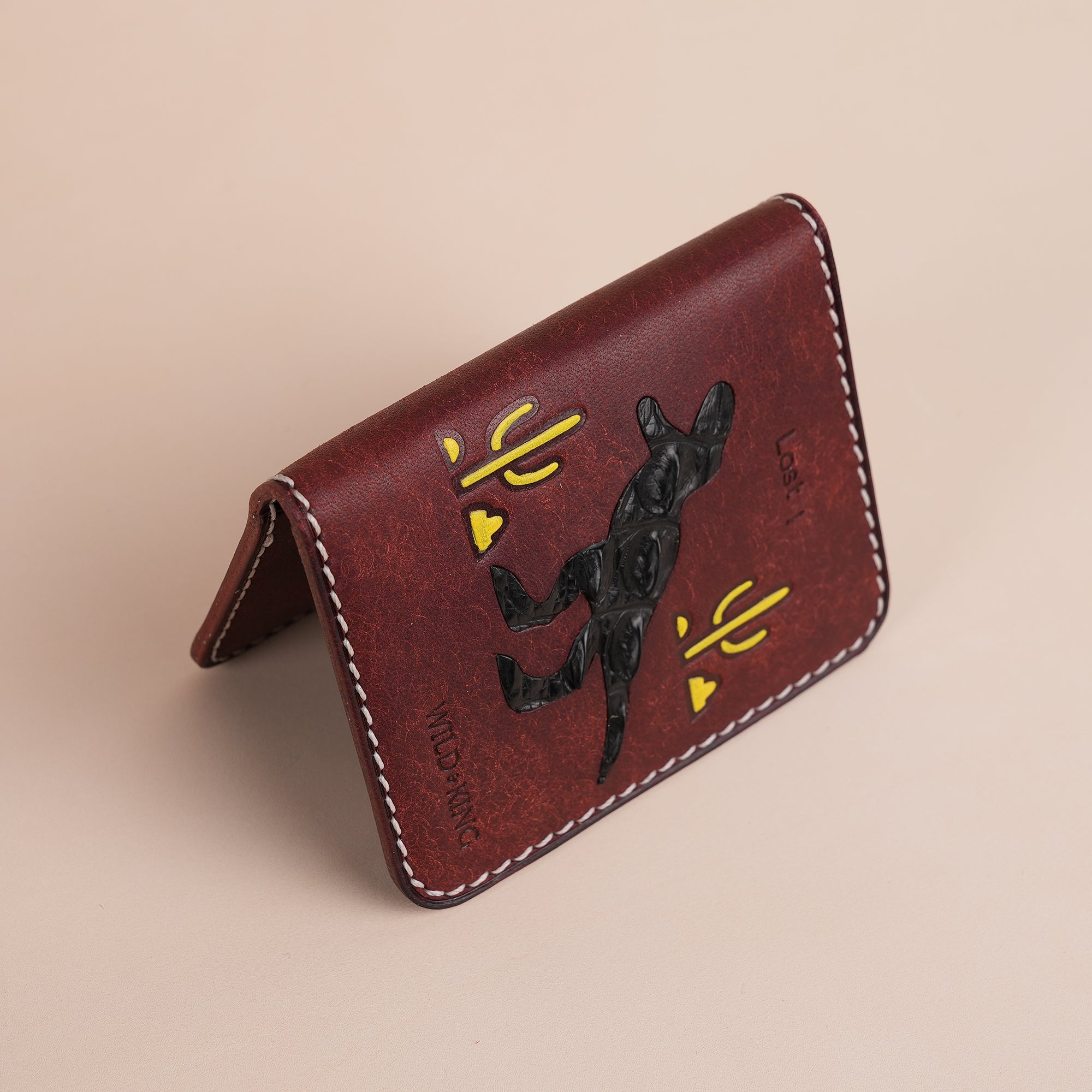 Minimalist Burgundy Pueblo Leather Bifold Card Wallet- Dinosaur Deisgn