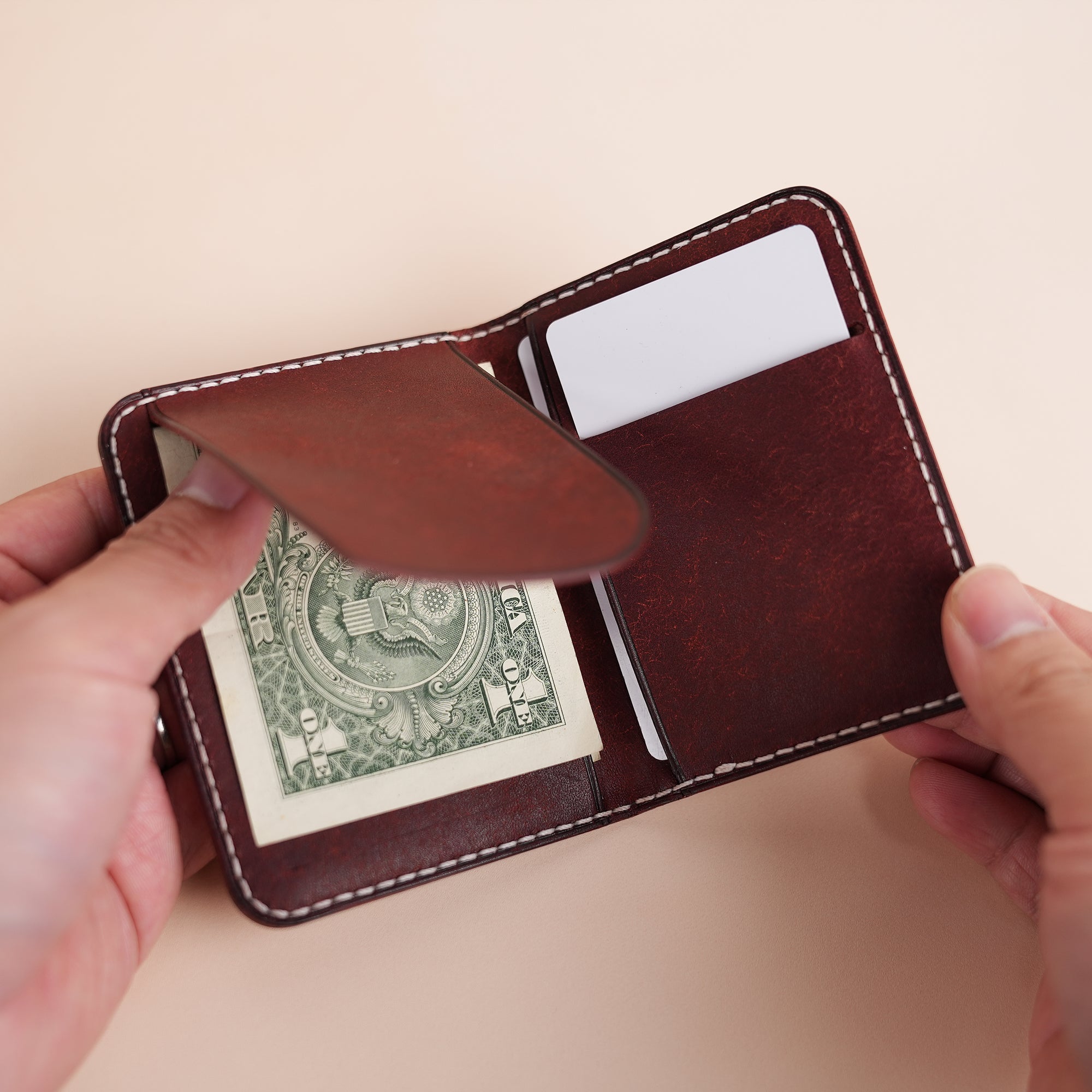 Minimalist Burgundy Pueblo Leather Bifold Card Wallet- Dinosaur Deisgn
