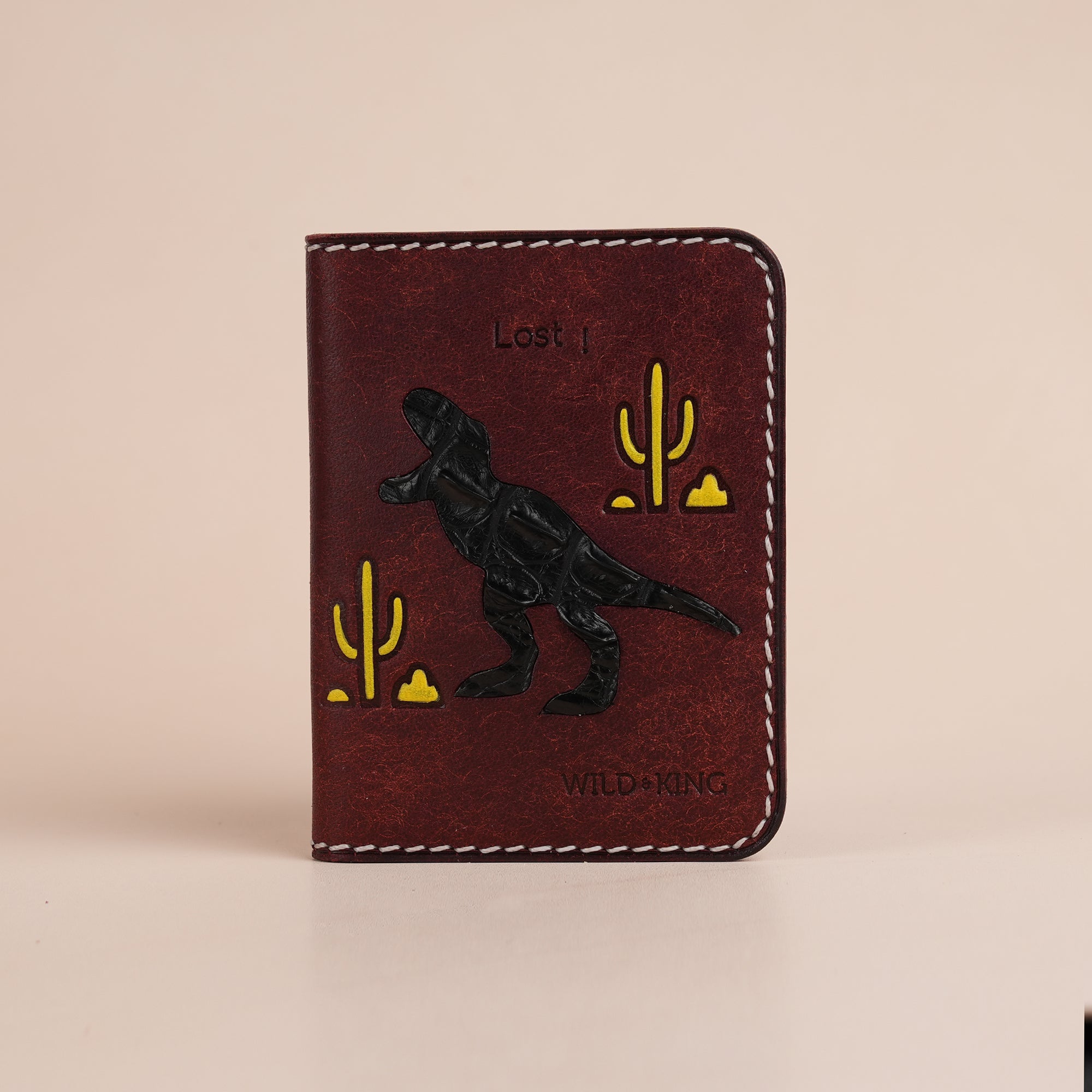 Minimalist Burgundy Pueblo Leather Bifold Card Wallet- Dinosaur Deisgn