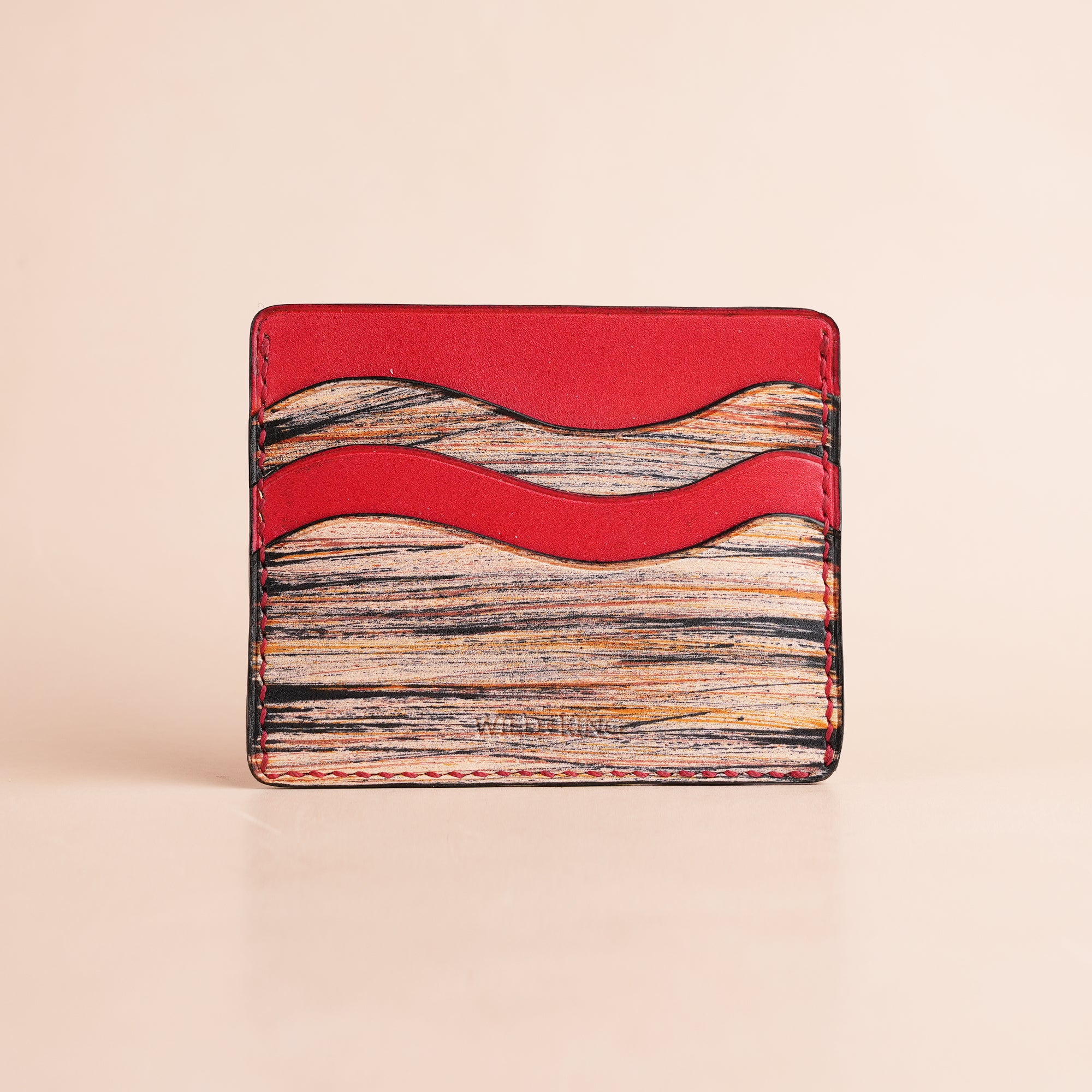 Minimalist Red Leather Card Holder - Natural Streaks