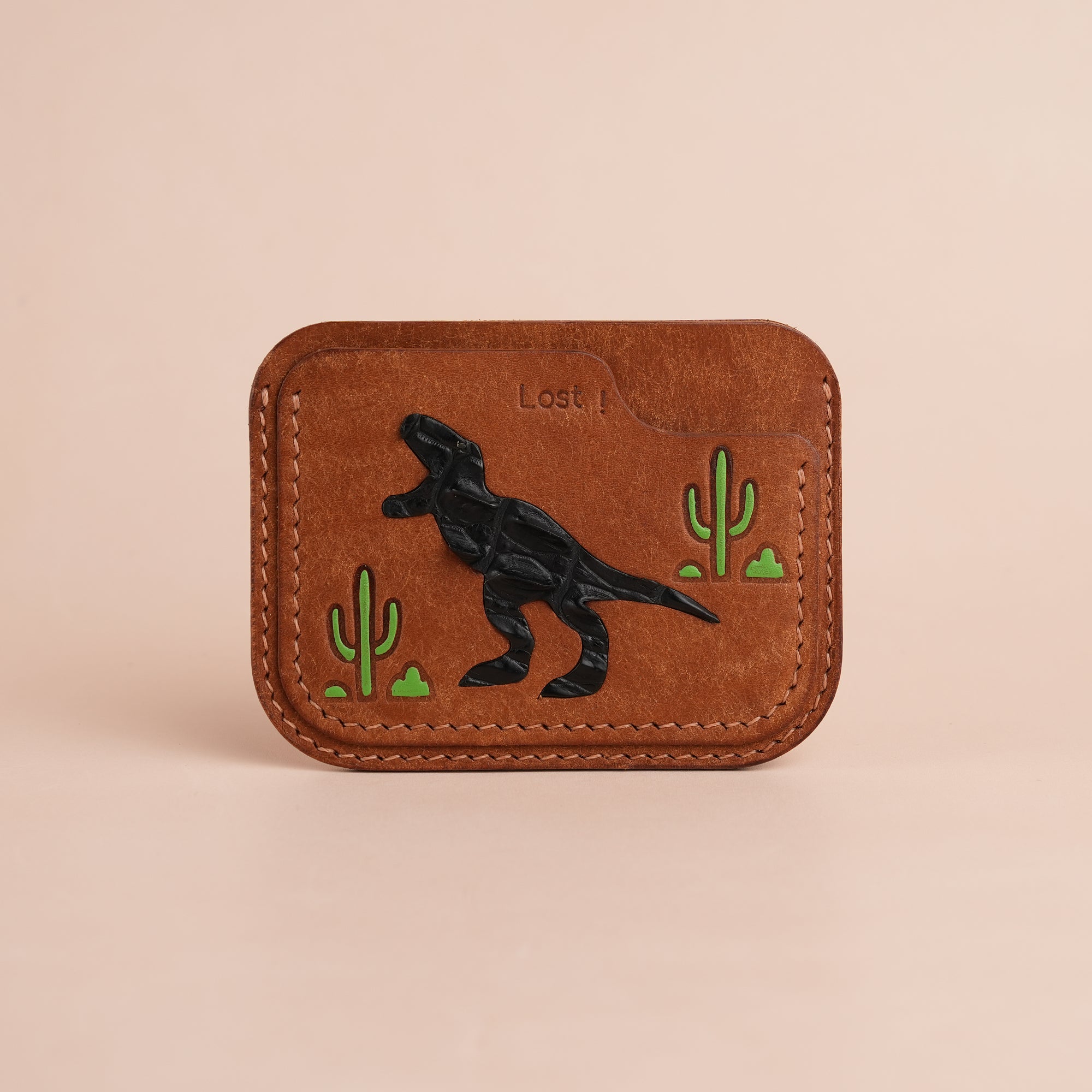Minimalist Cognac Pueblo Leather Card Holder - Dinosaur Design