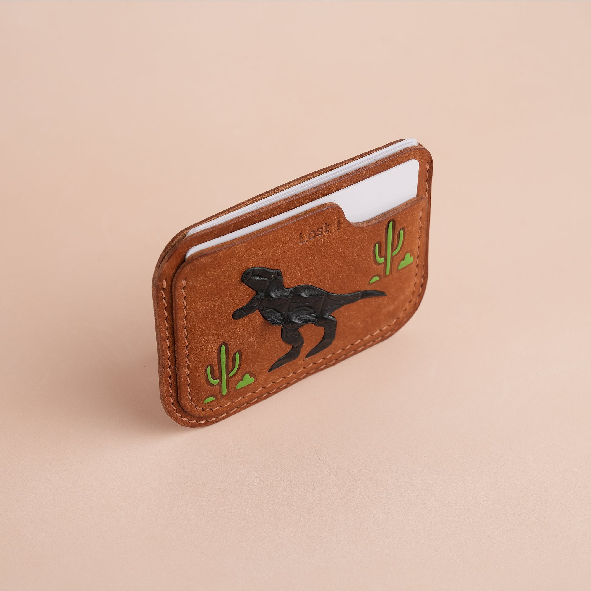Minimalist Cognac Pueblo Leather Card Holder - Dinosaur Design
