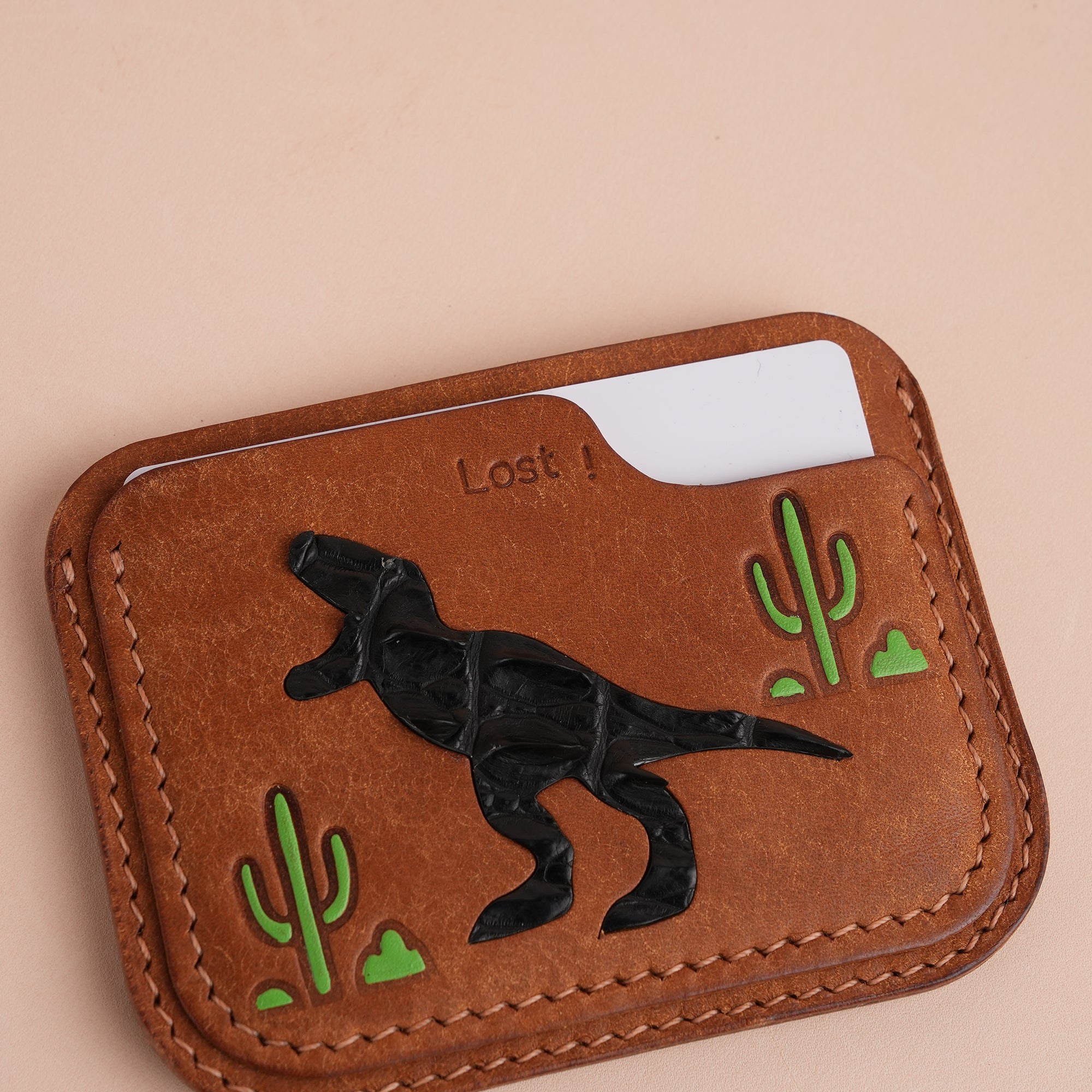 Minimalist Cognac Pueblo Leather Card Holder - Dinosaur Design