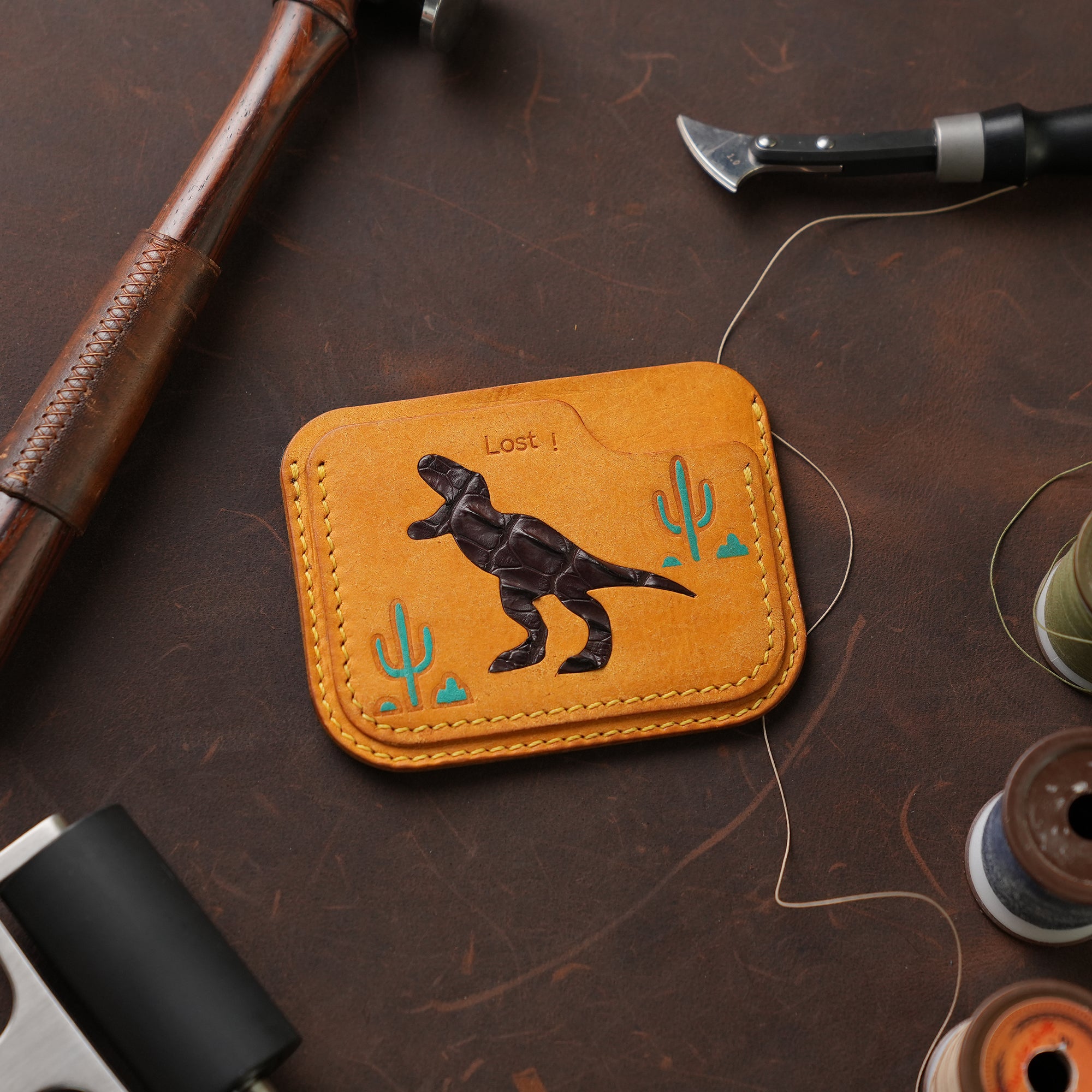 Minimalist Golden Pueblo Leather Card Holder - Dinosaur Design