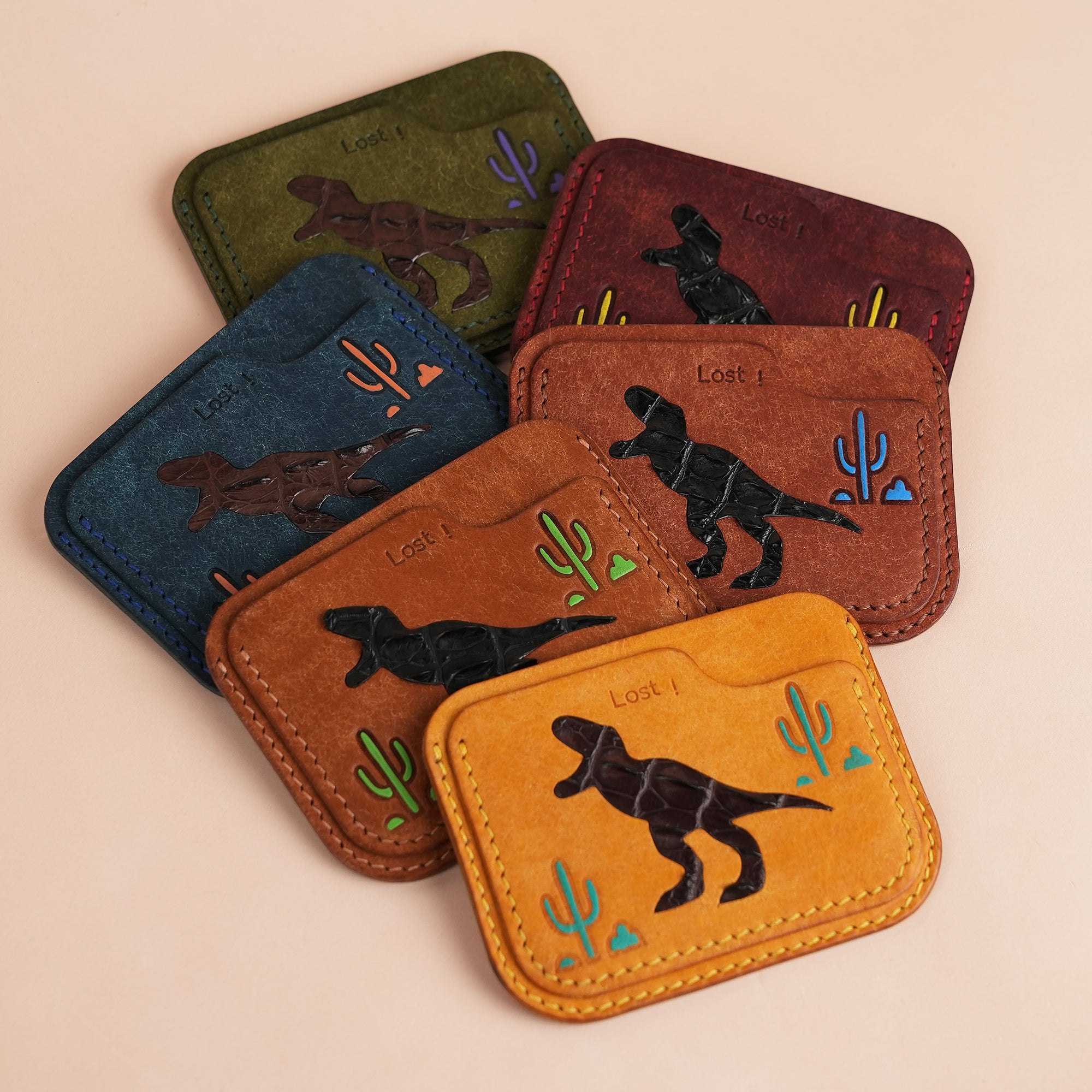 Minimalist Golden Pueblo Leather Card Holder - Dinosaur Design