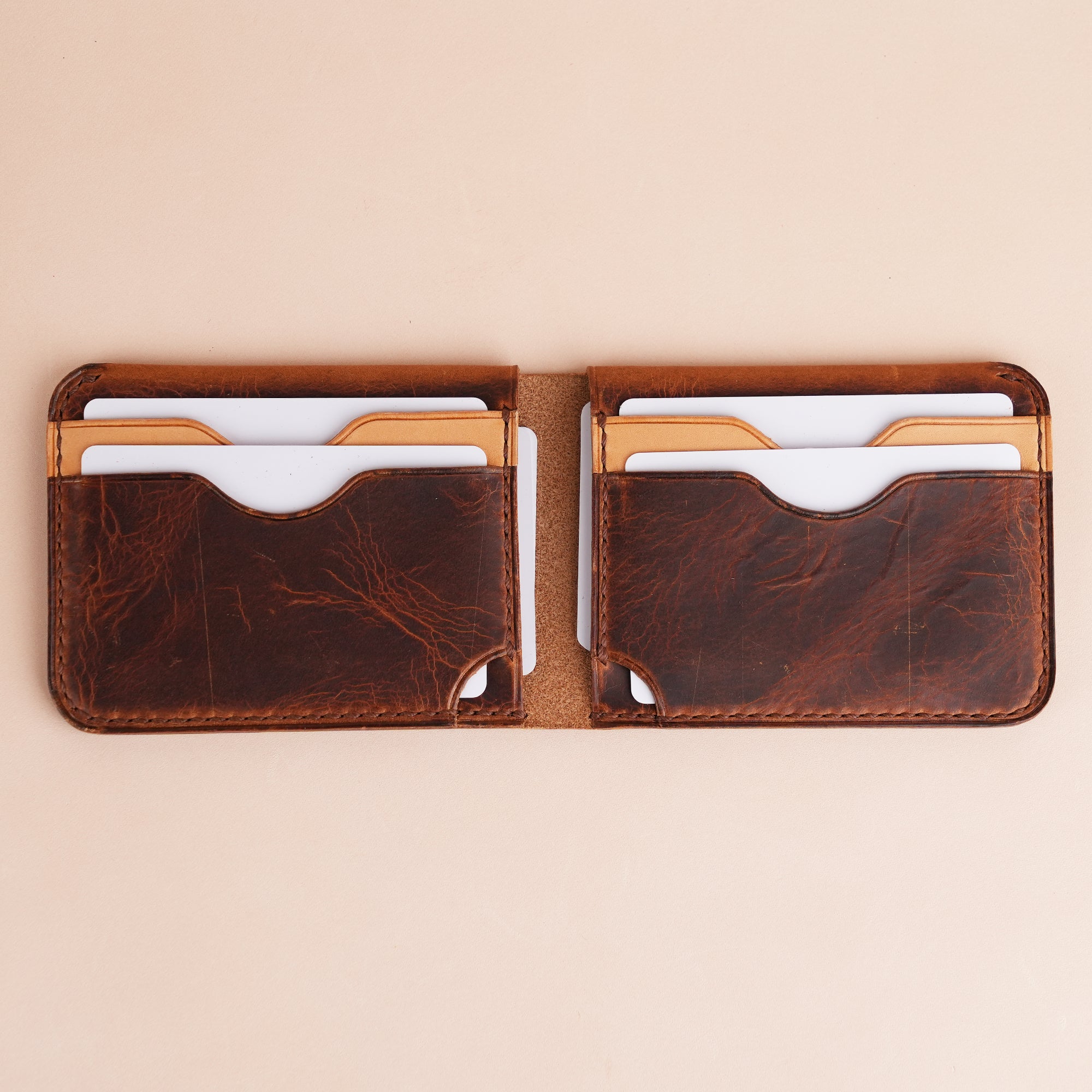 Minimalist Brown Waxed Leather Wing Bifold Wallet