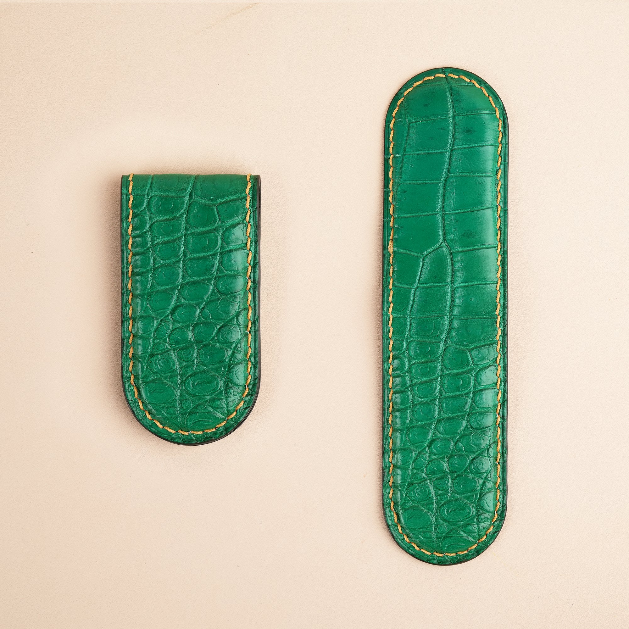 Green Alligator Leather Money Clip - Rounded Shape