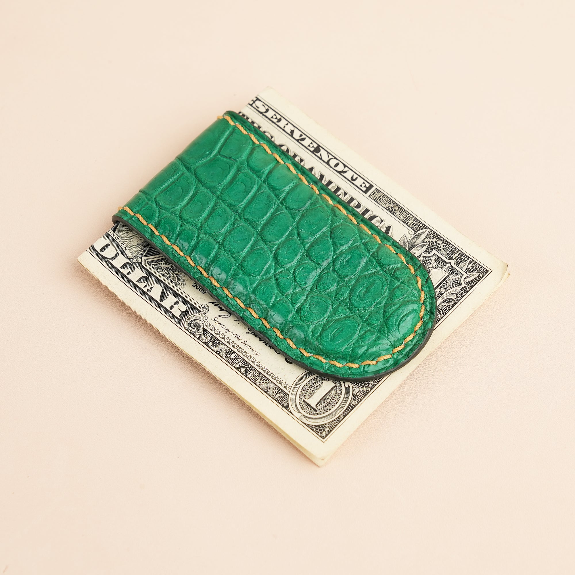 Green Alligator Leather Money Clip - Rounded Shape