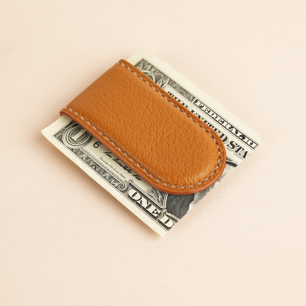 Cognac Peccary Leather Money Clip - Rounded Shape | Wild & King