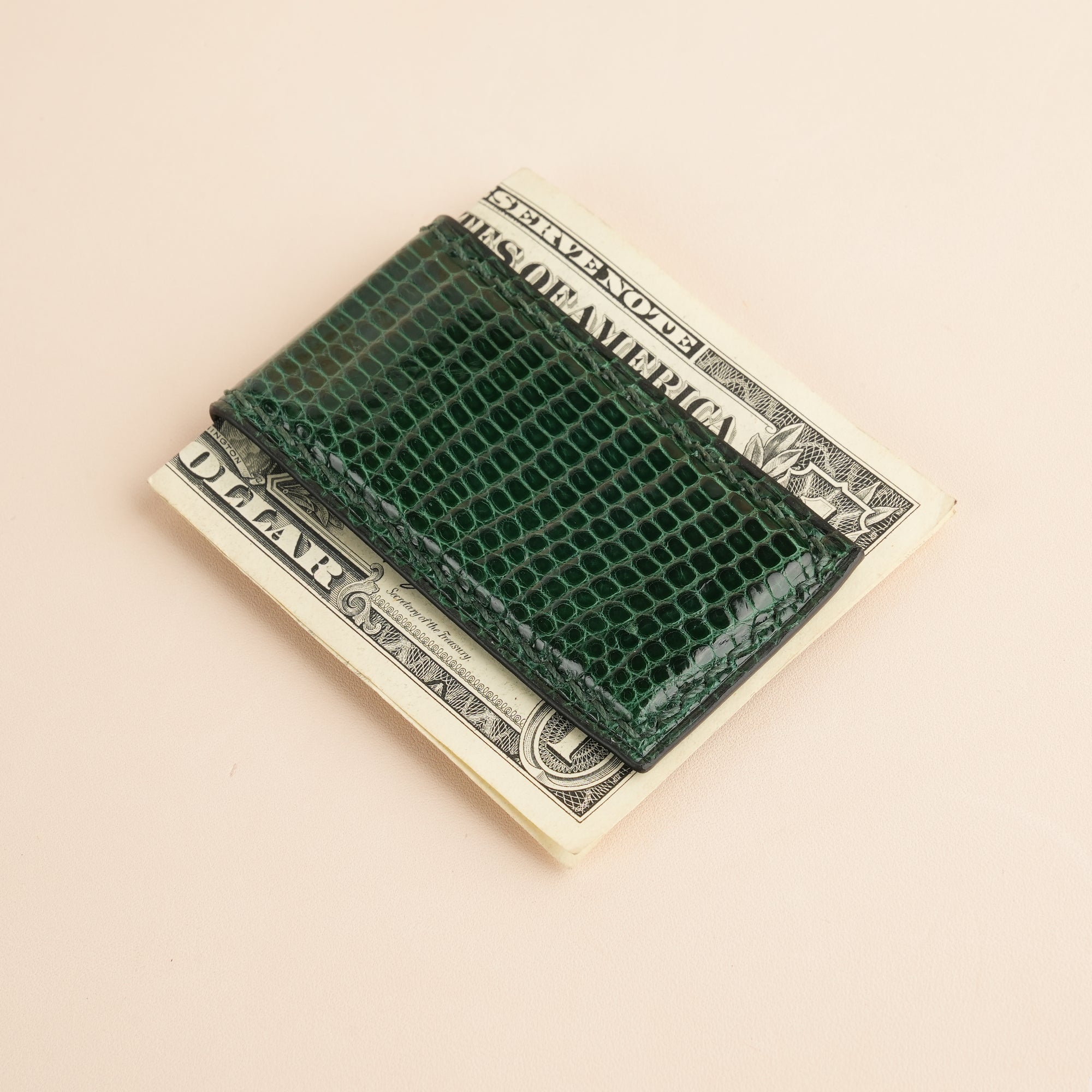 Green Lizard Leather Money Clip - Square Shape