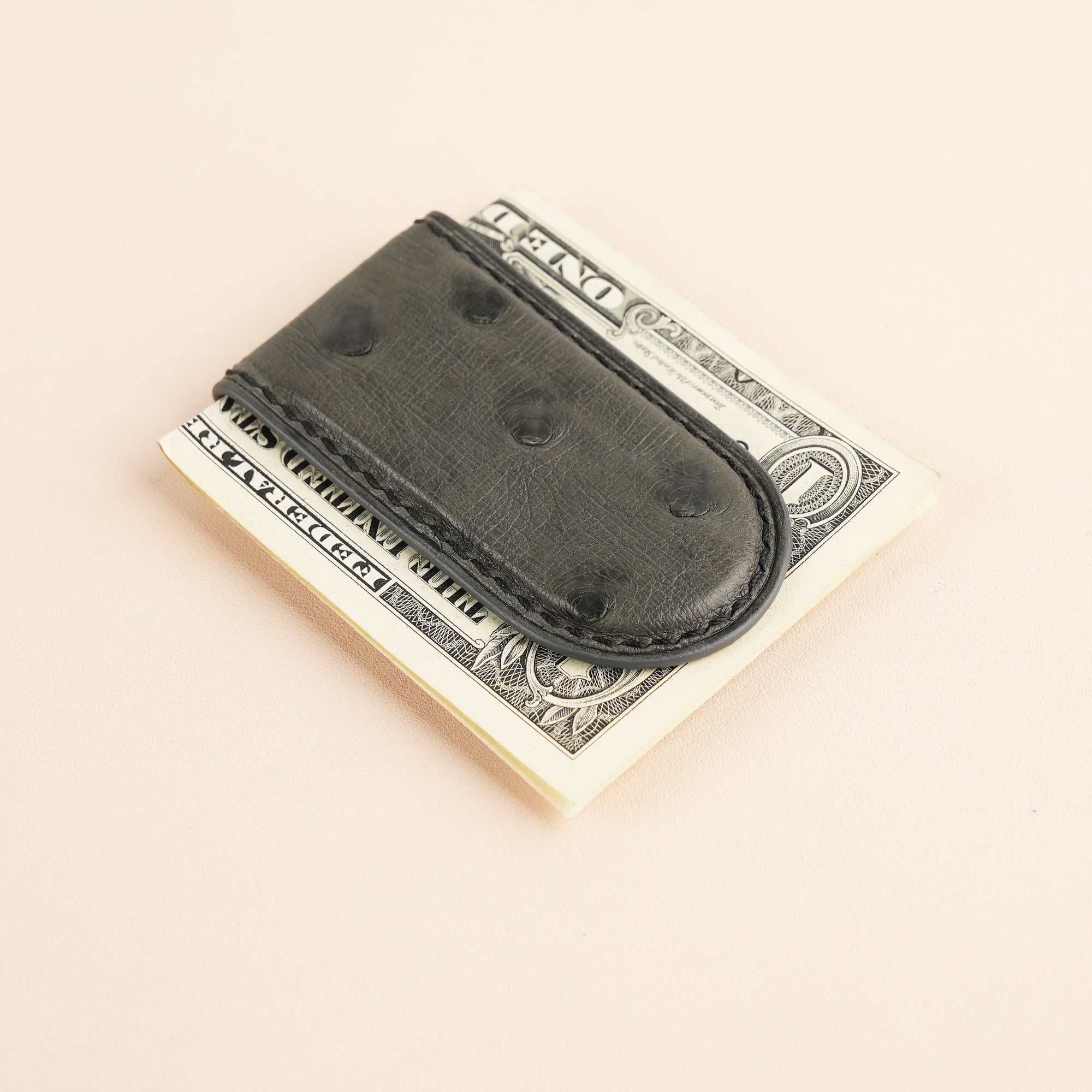 Dark Grey Ostrich Leather Money Clip - Rounded Shape