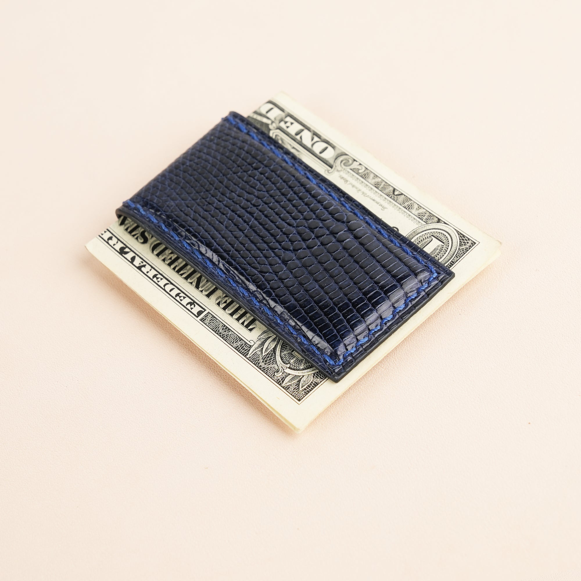 Navy Lizard Leather Money Clip - Square Shape
