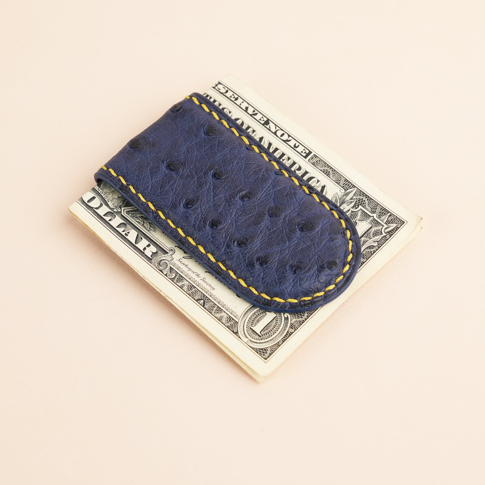 Navy Ostrich Leather Money Clip - Rounded Shape