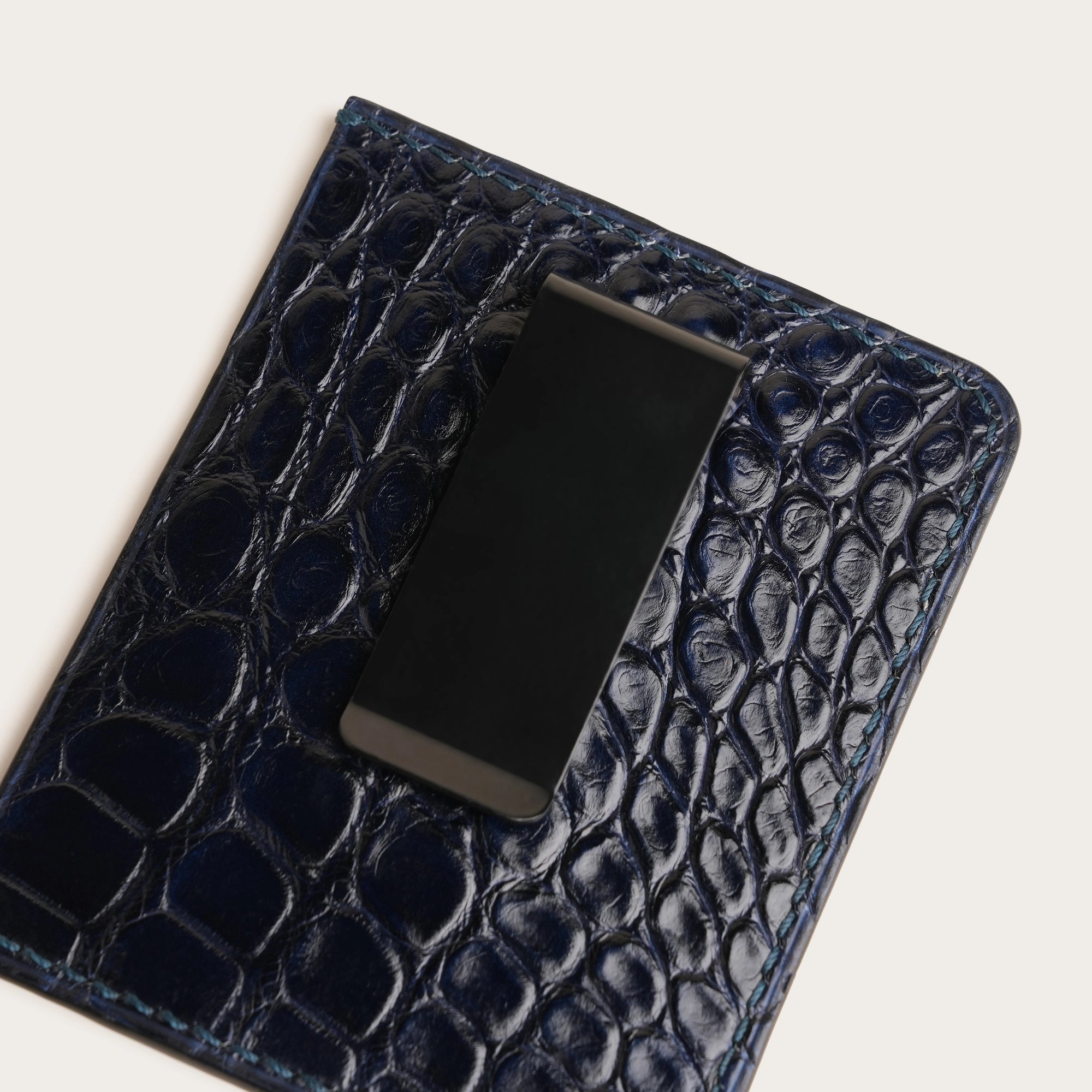 Navy Alligator Leather Money Card Clip