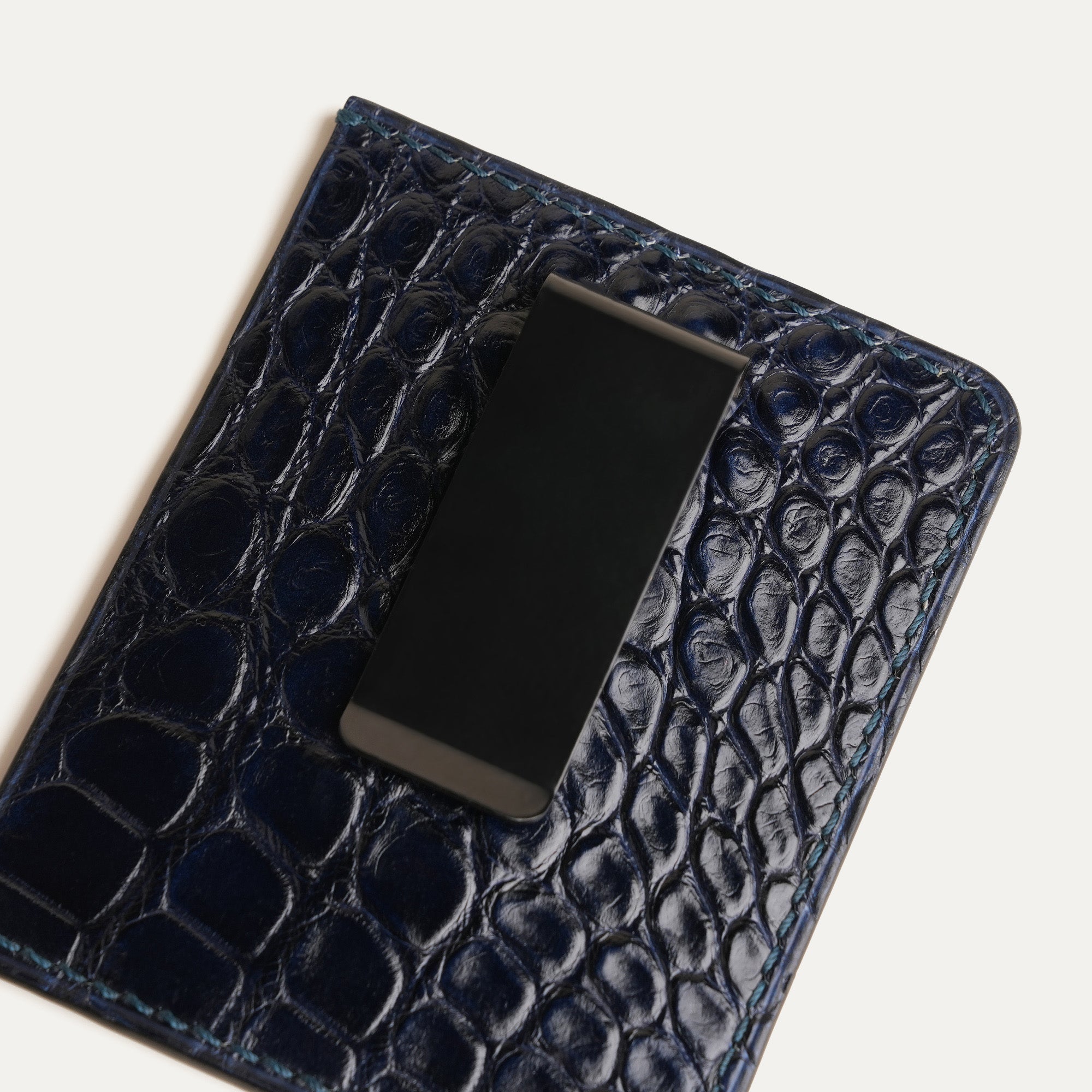 Navy Crocodile Leather Money Card Clip